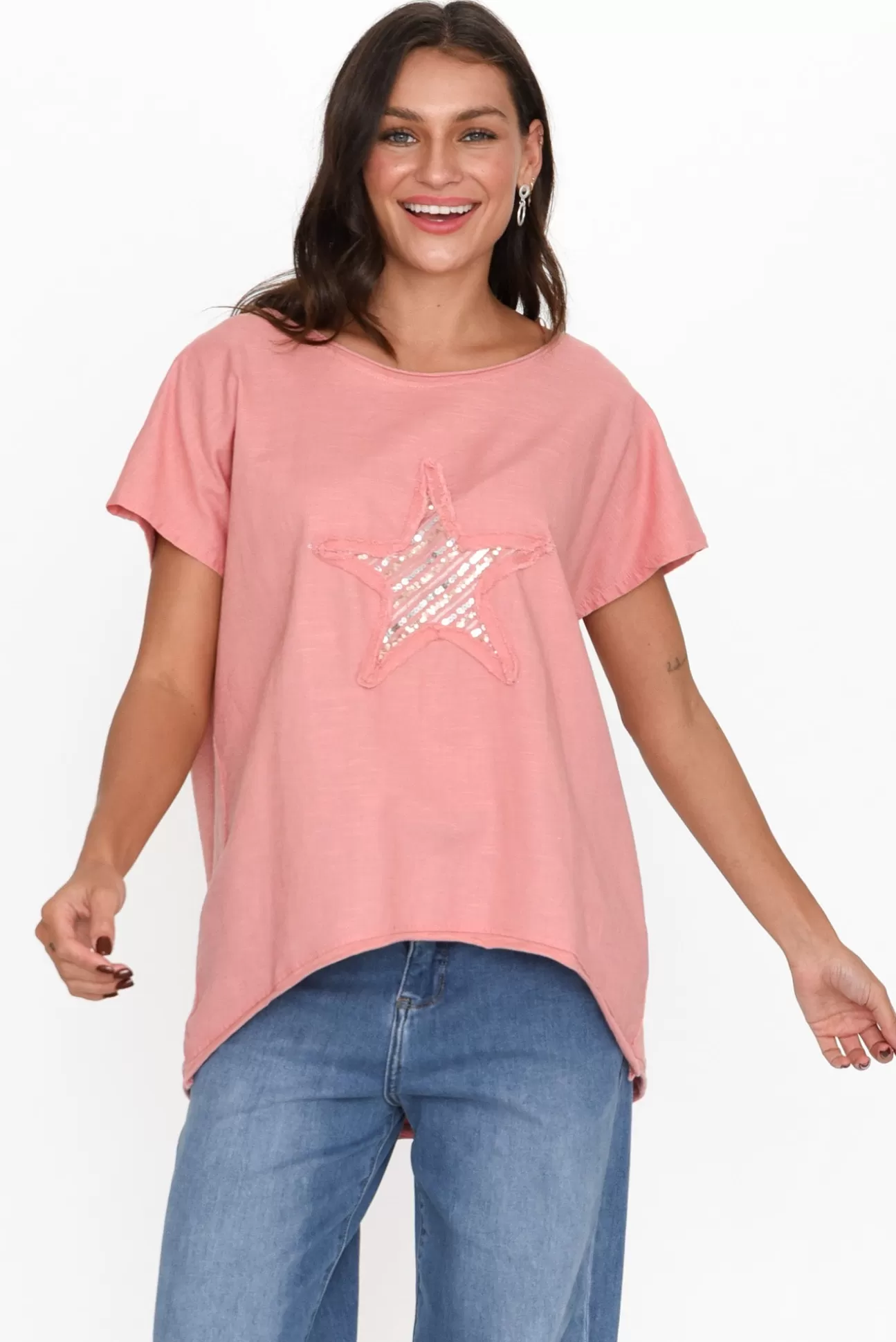 Cali and Co Kassidy Pink Star Sequin Tee Hot