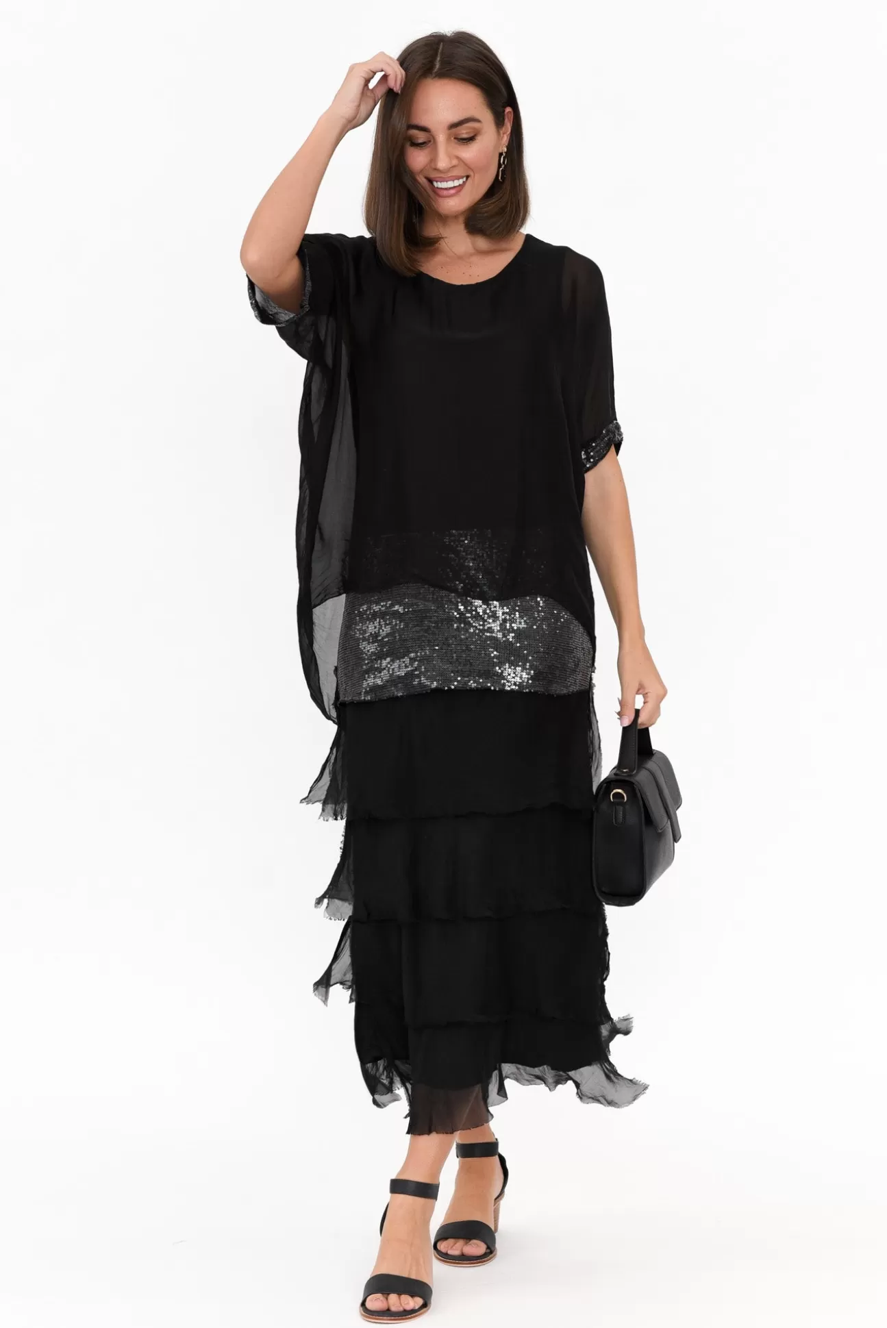 La Strada Katerina Black Sequin Silk Overlay Maxi Dress Best Sale