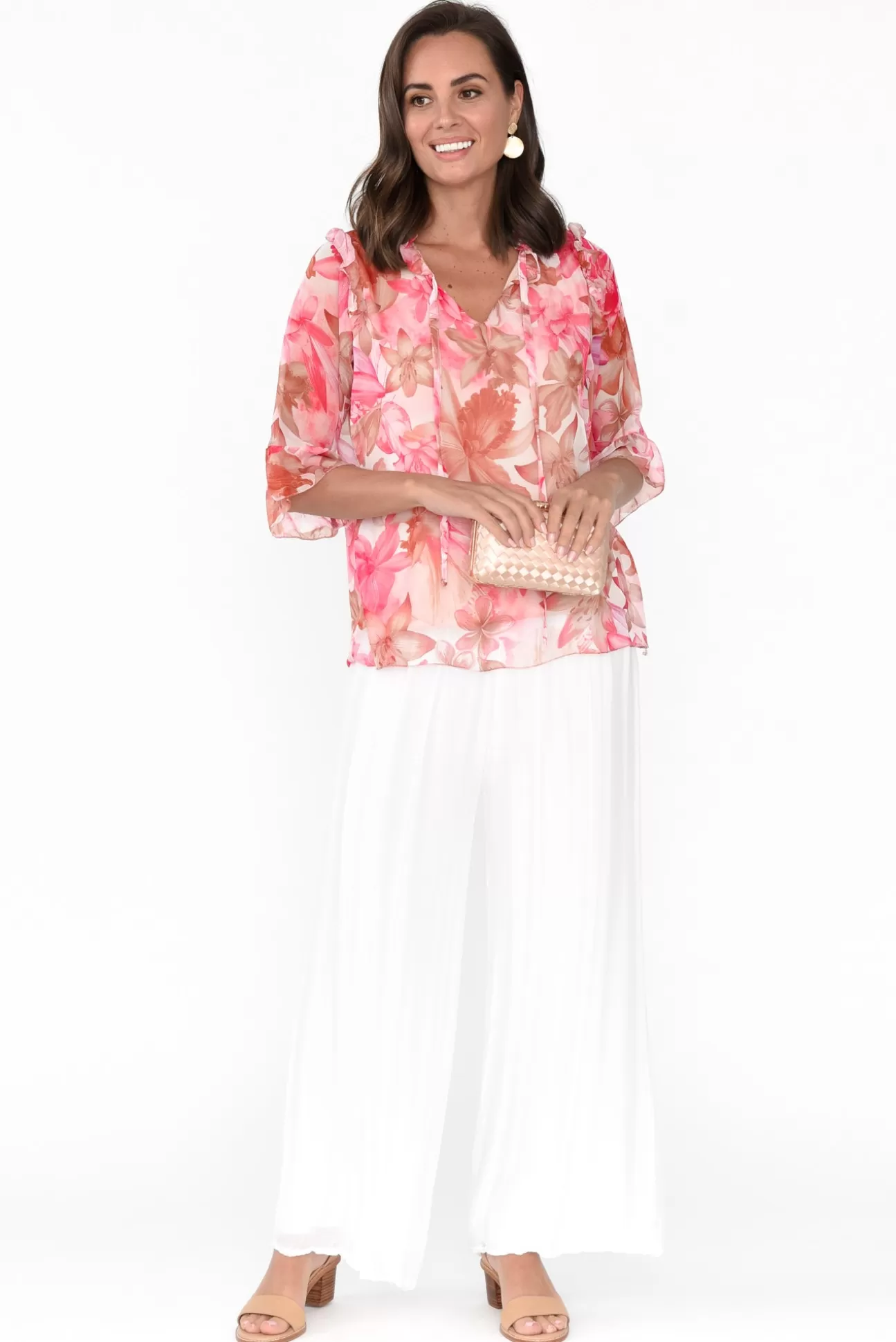 L'amore Katrine Peach Hibiscus Ruffle Top Best