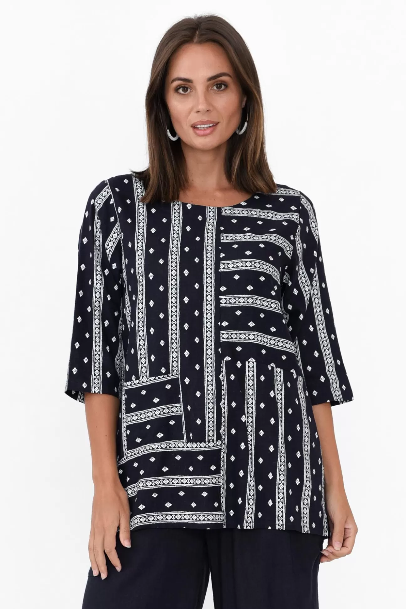 Ruby Rain Kaylee Navy Aztec Linen Cotton Top Sale