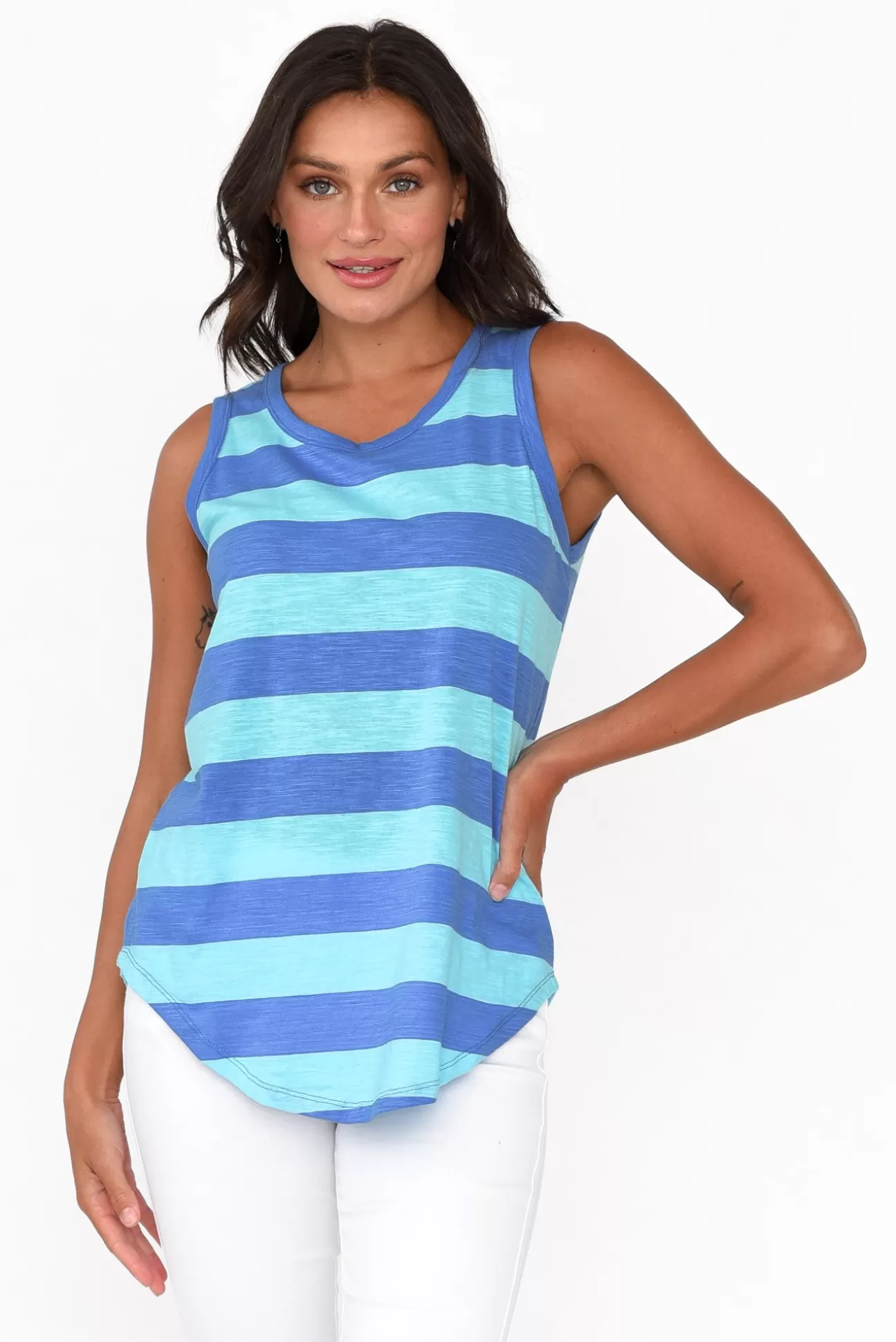 Betty Basics Keira Aqua Stripe Cotton Tank Clearance