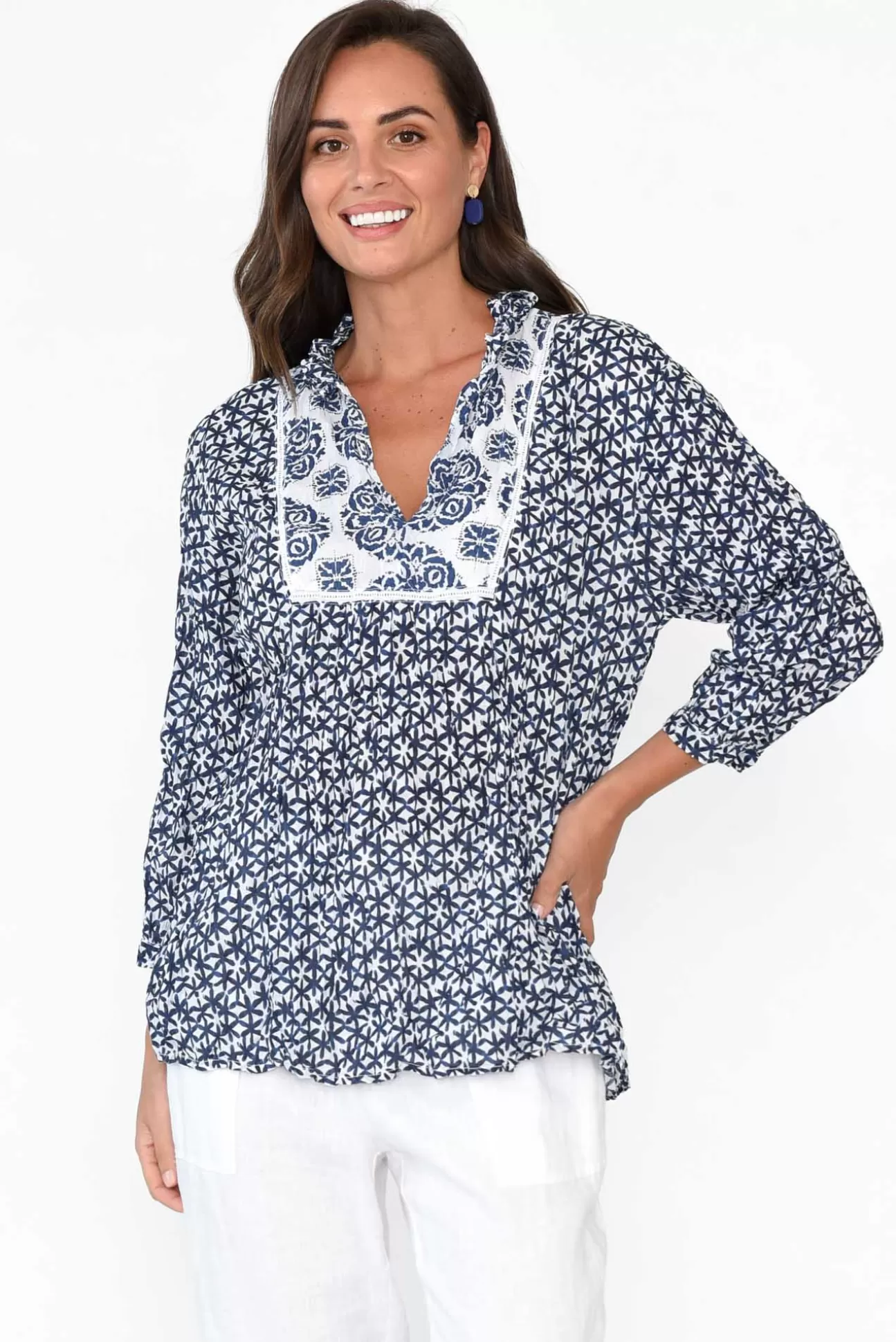 Namastai Kellan Navy Flower Cotton Top New