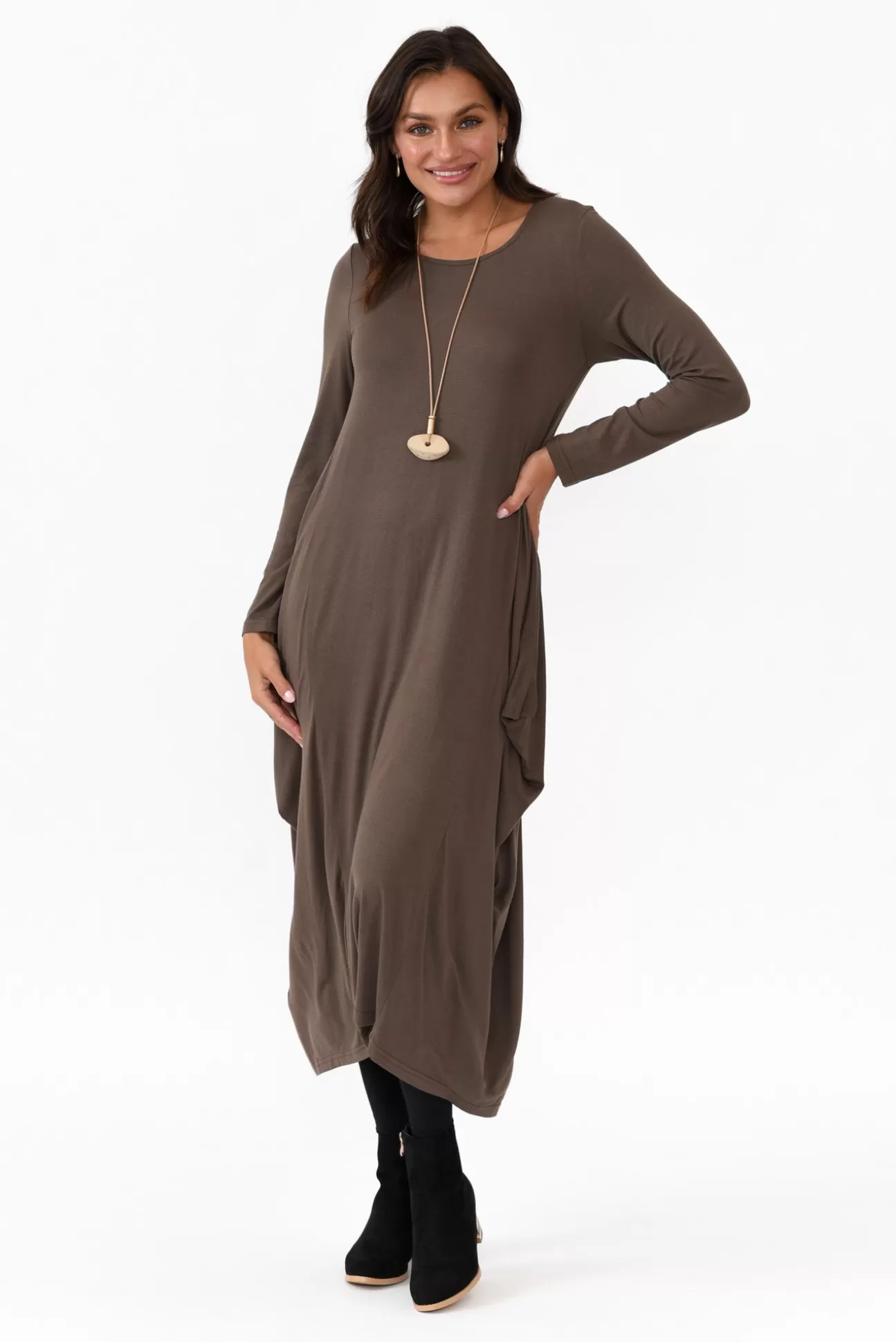 Cali and Co Kendal Chocolate Long Sleeve Dress Flash Sale