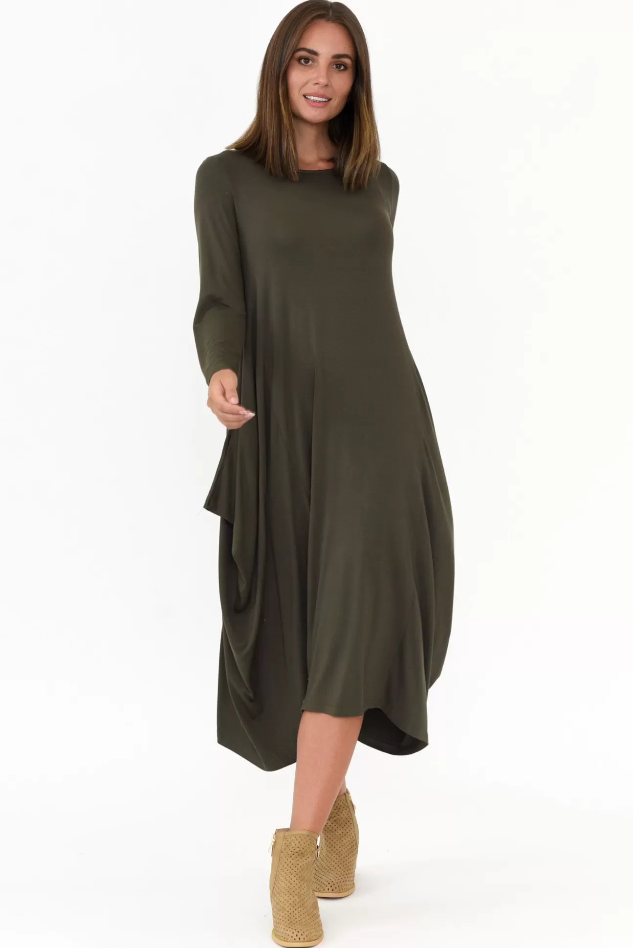 Cali and Co Kendal Khaki Long Sleeve Dress Cheap