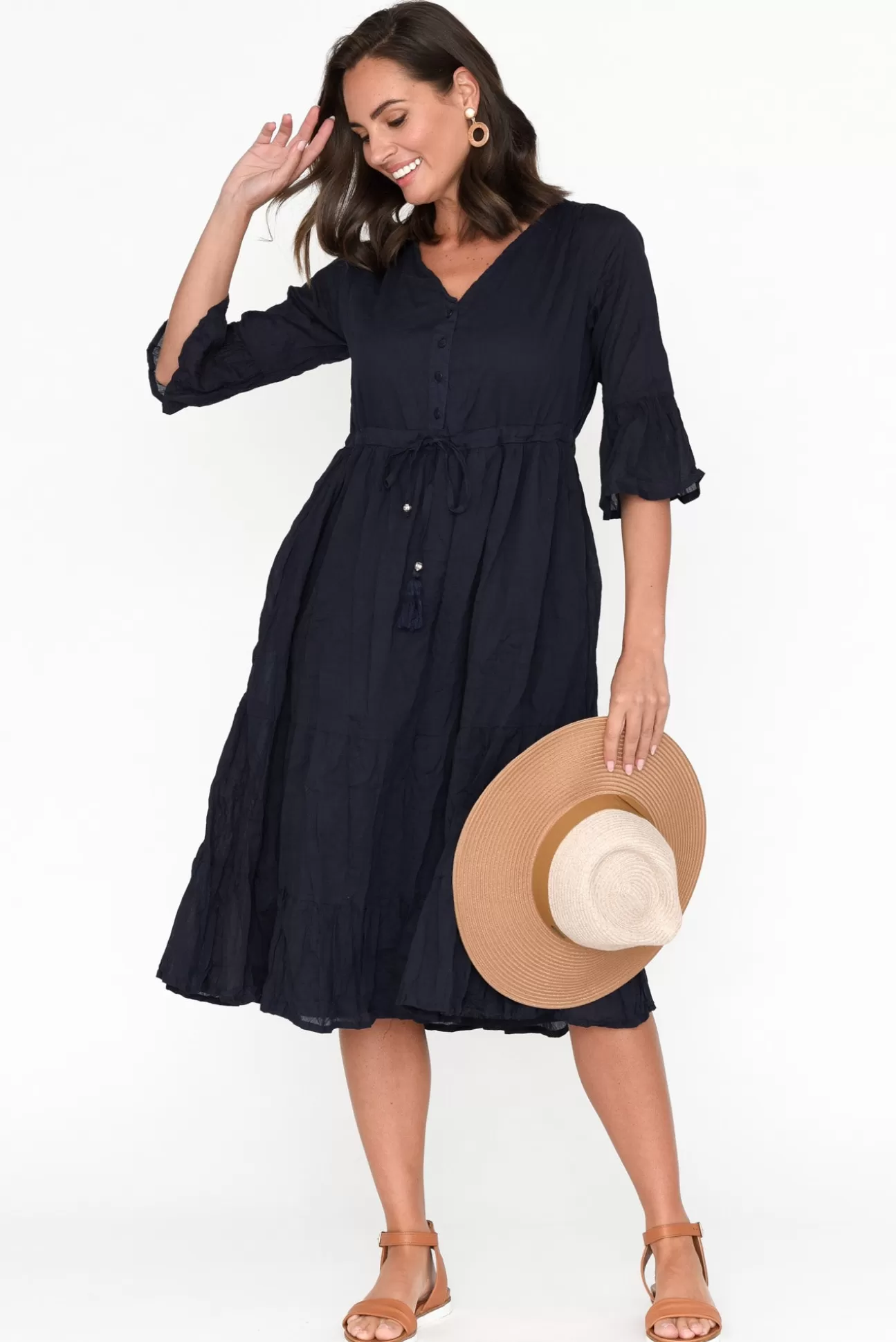 One Summer Kenley Navy Crinkle Cotton Dress Discount