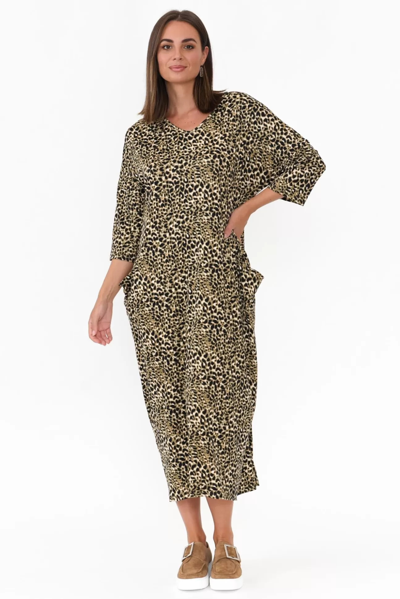 Cotton Village Kenna Khaki Leopard Pocket Dress Outlet