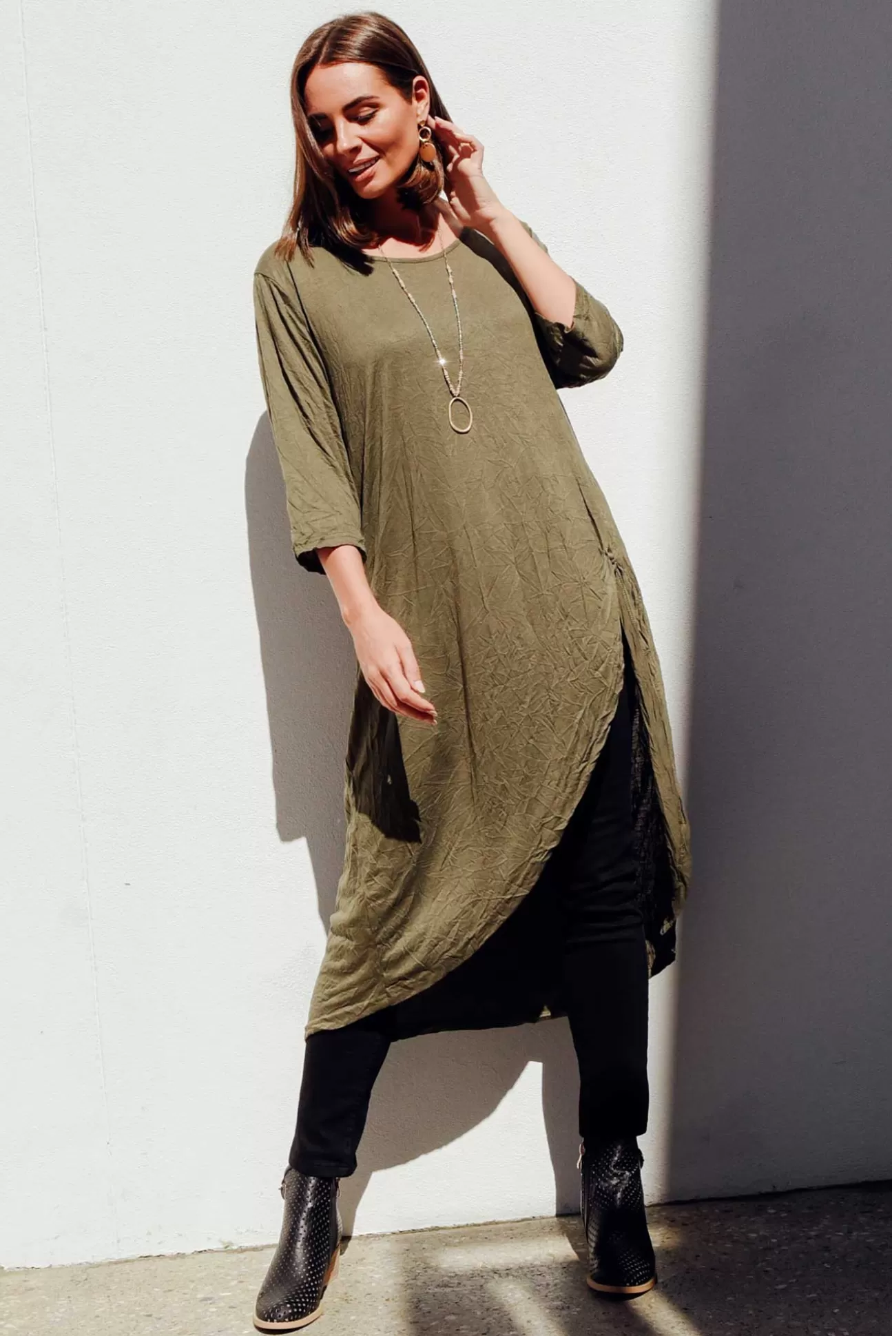 Cotton Village Khaki Crinkle Cotton Asymmetric Tunic Shop