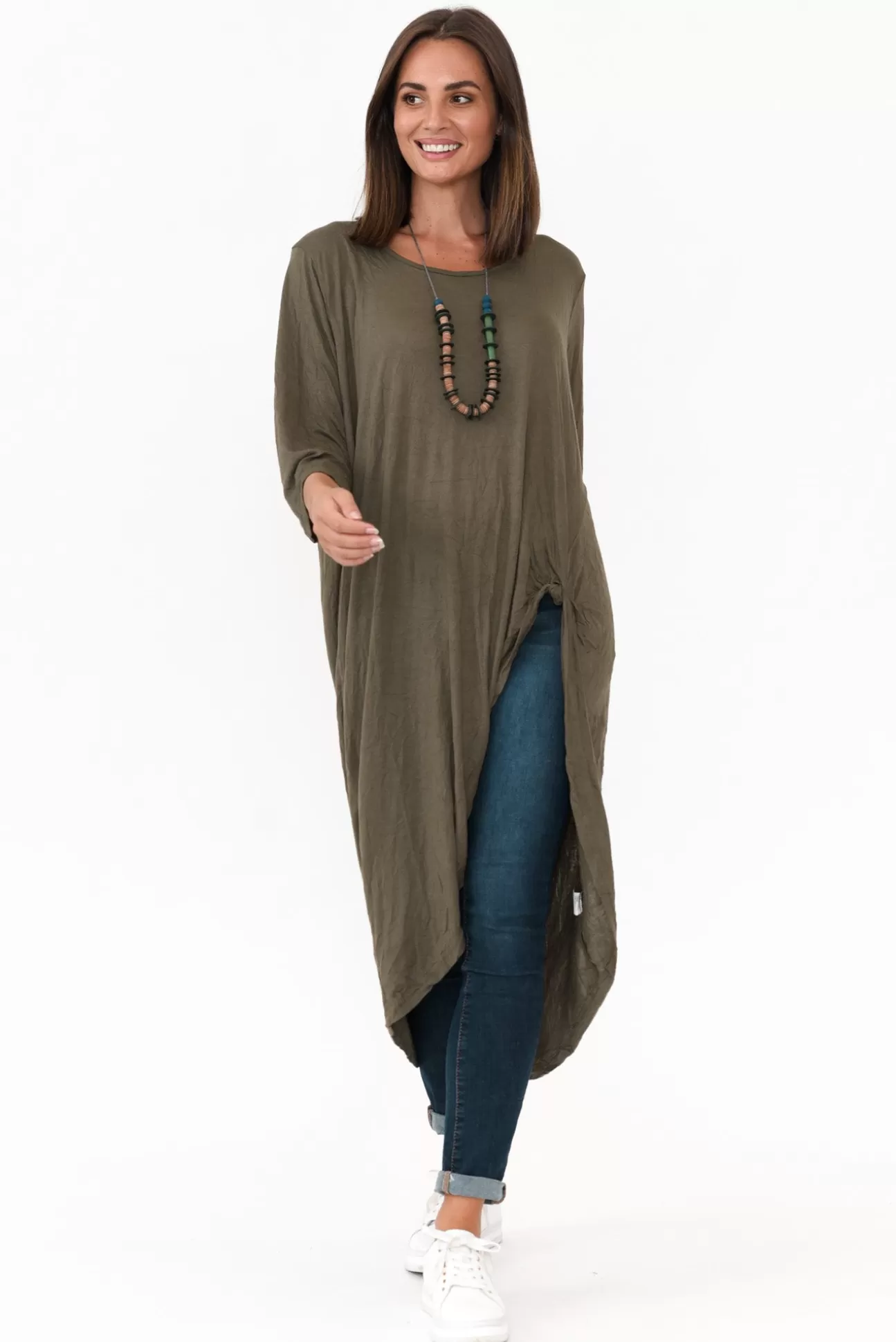 Cotton Village Khaki Crinkle Cotton Asymmetric Tunic Shop