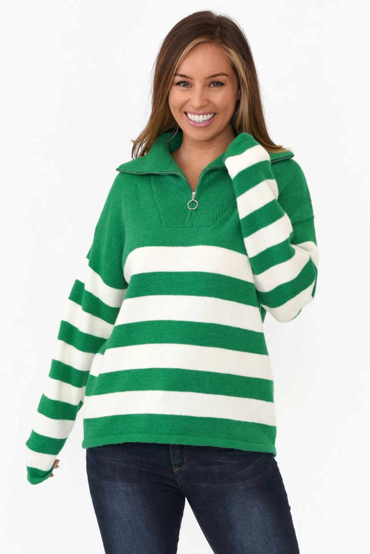 Isabella Boho Kinsley Green Stripe Zip Jumper Discount