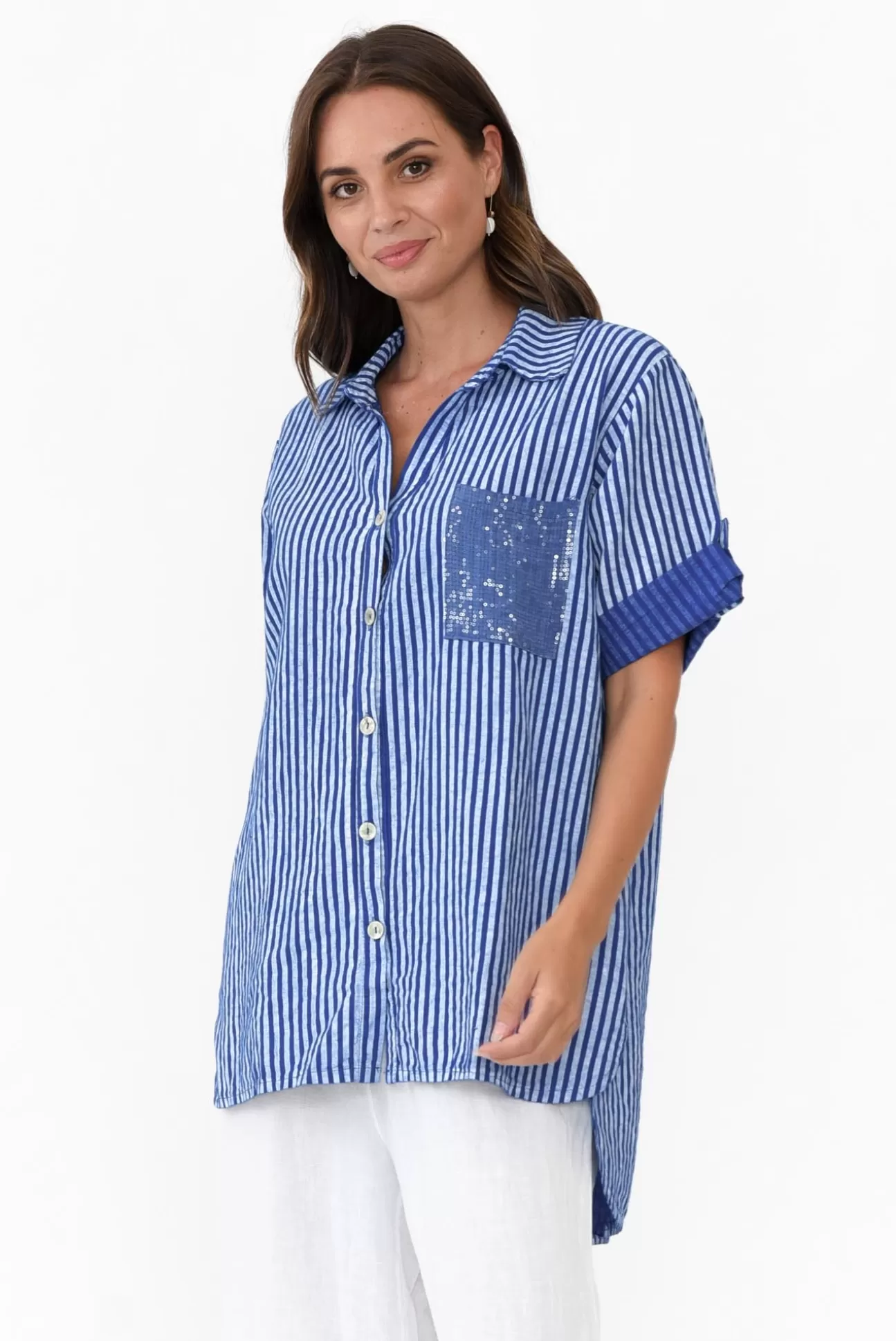 La Strada Lance Blue Stripe Sequin Pocket Shirt Flash Sale