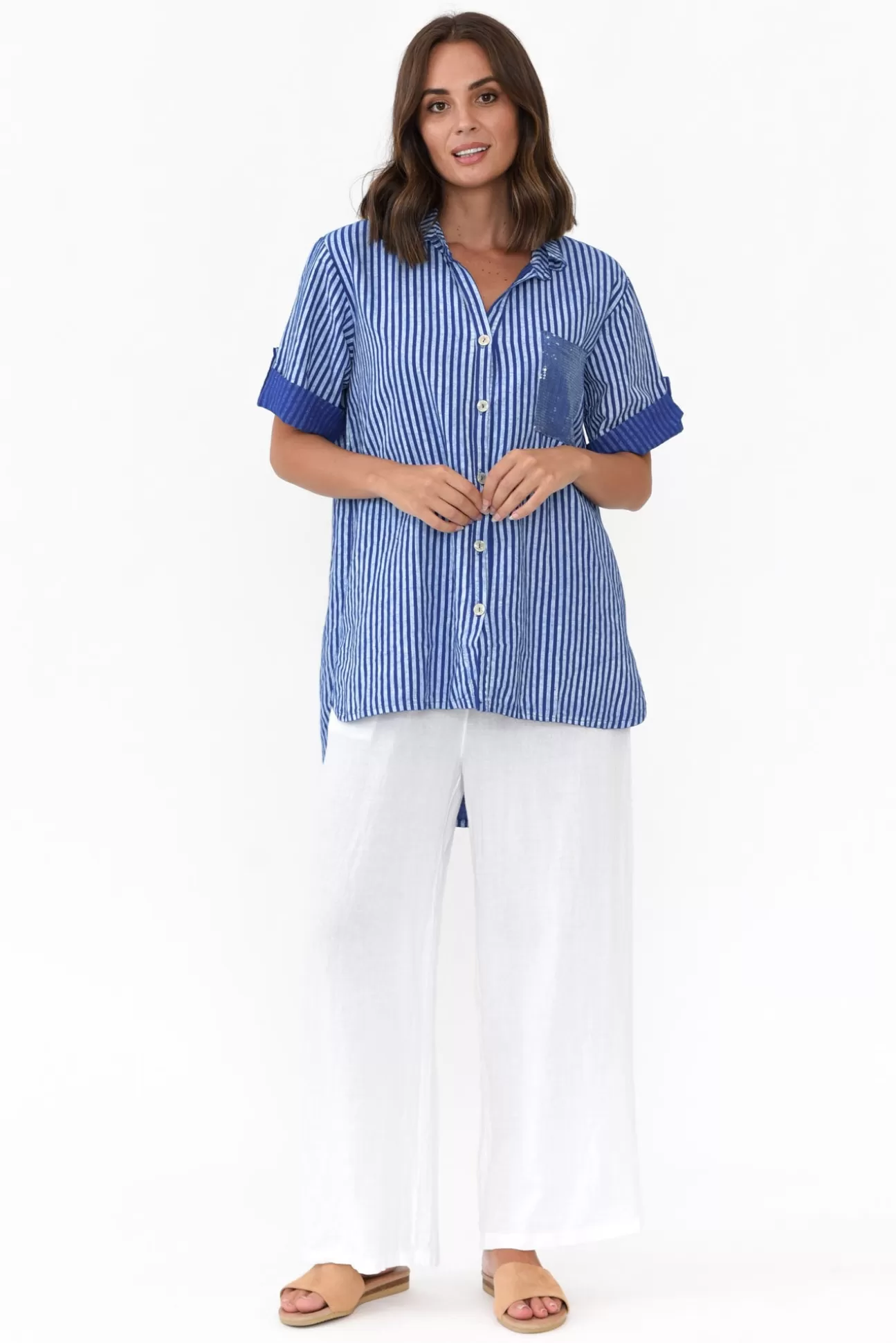 La Strada Lance Blue Stripe Sequin Pocket Shirt Flash Sale