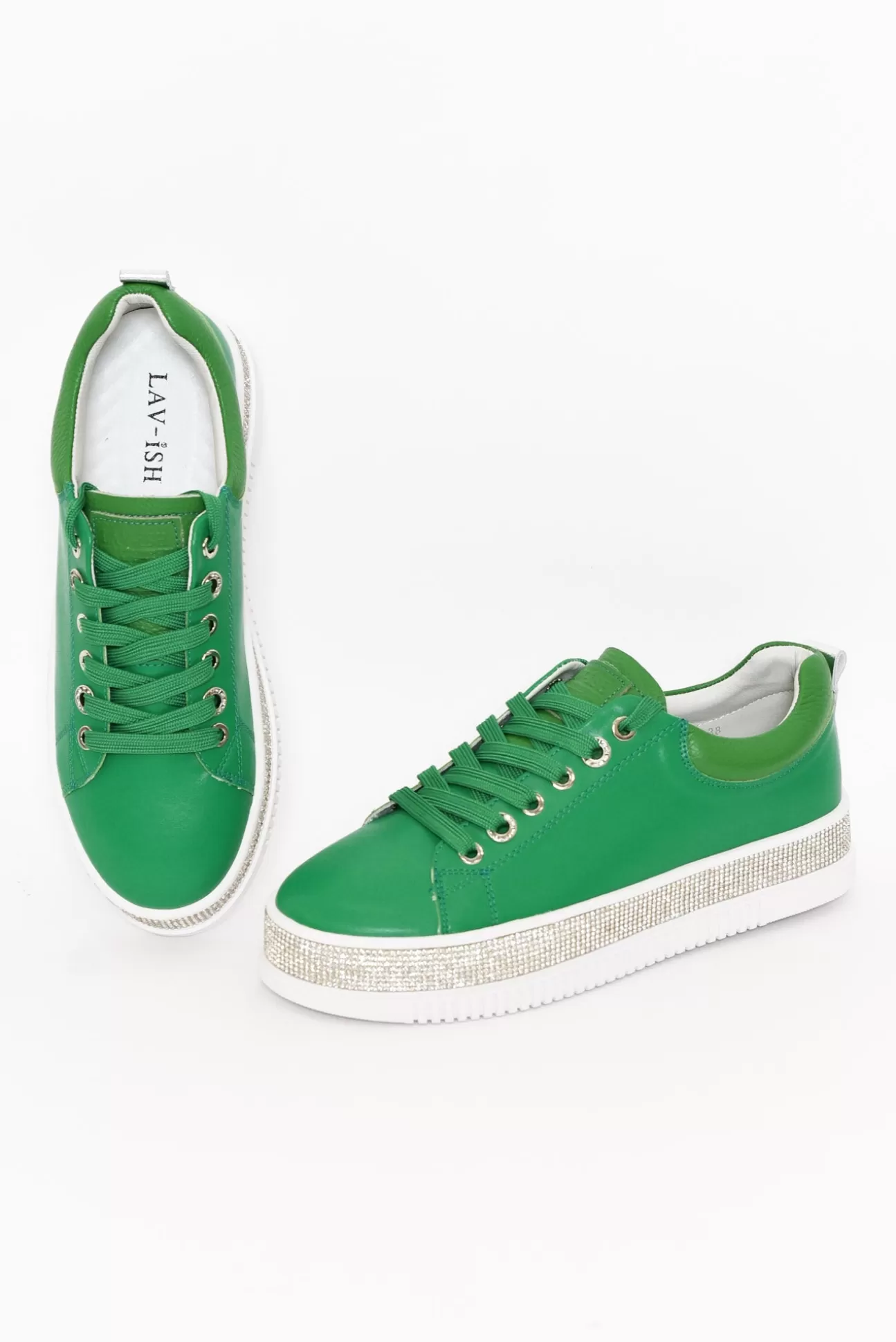 Lav-ish Lange Green Leather Diamante Sneaker Flash Sale