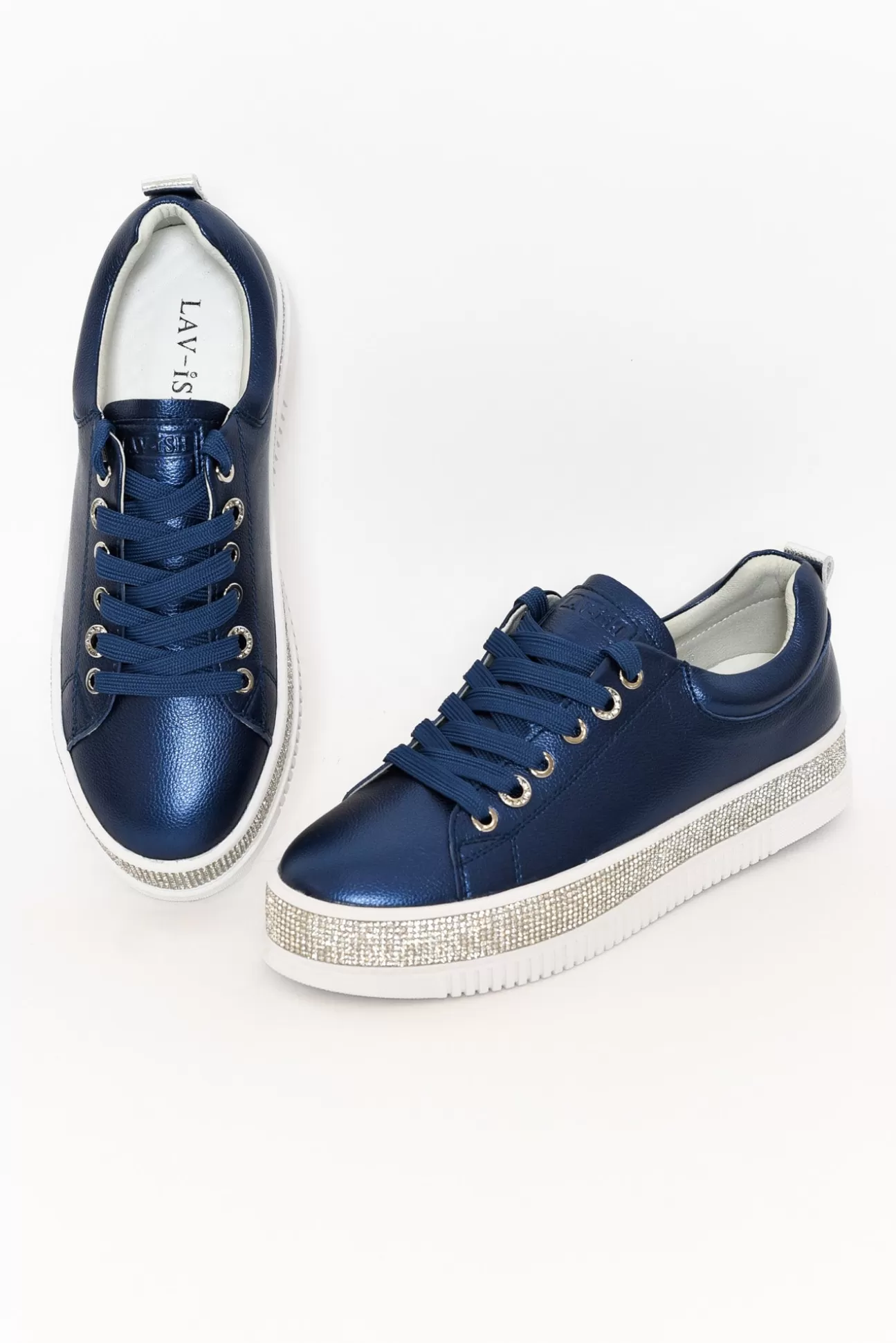 Lav-ish Lange Navy Leather Diamante Sneaker Clearance