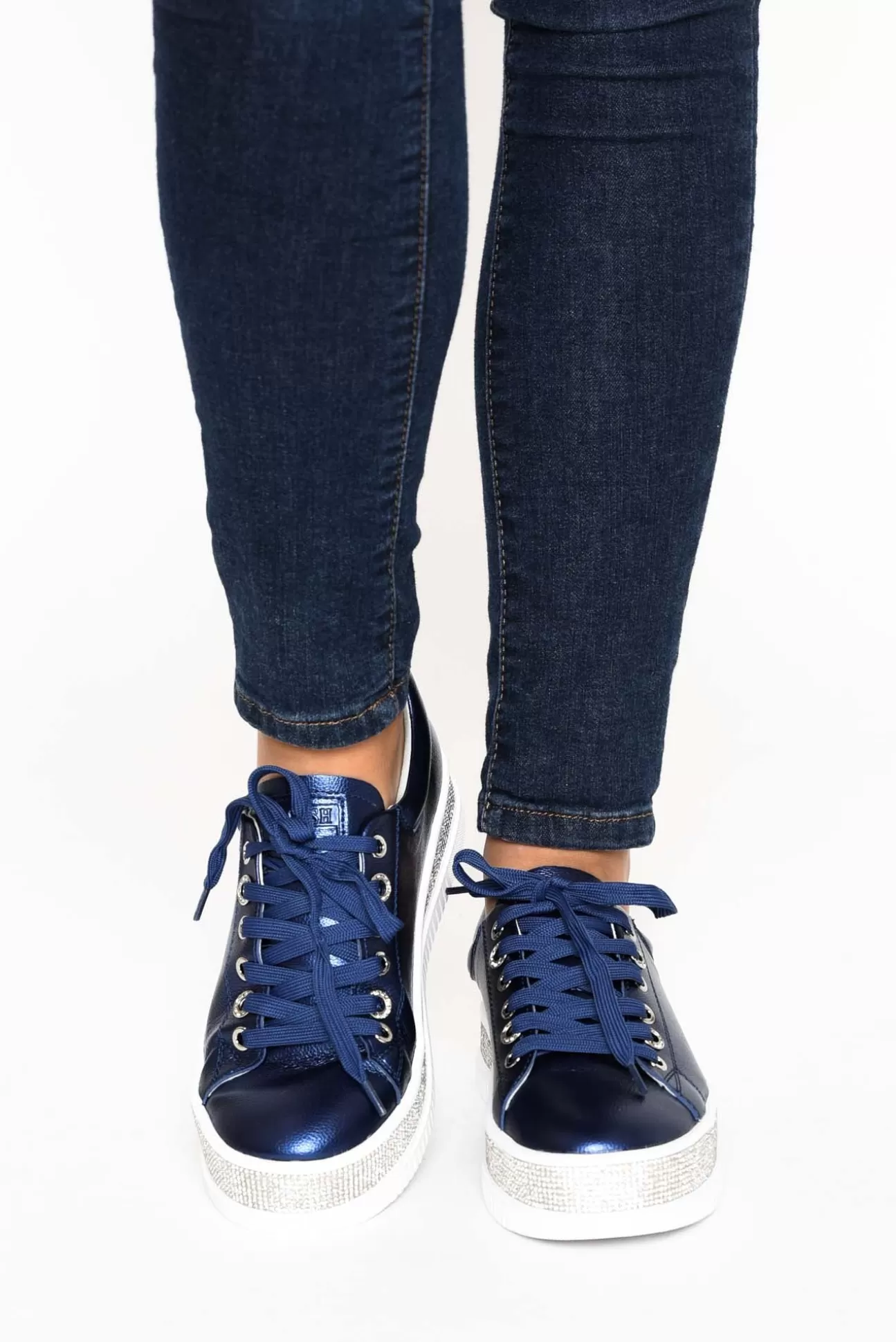 Lav-ish Lange Navy Leather Diamante Sneaker Clearance