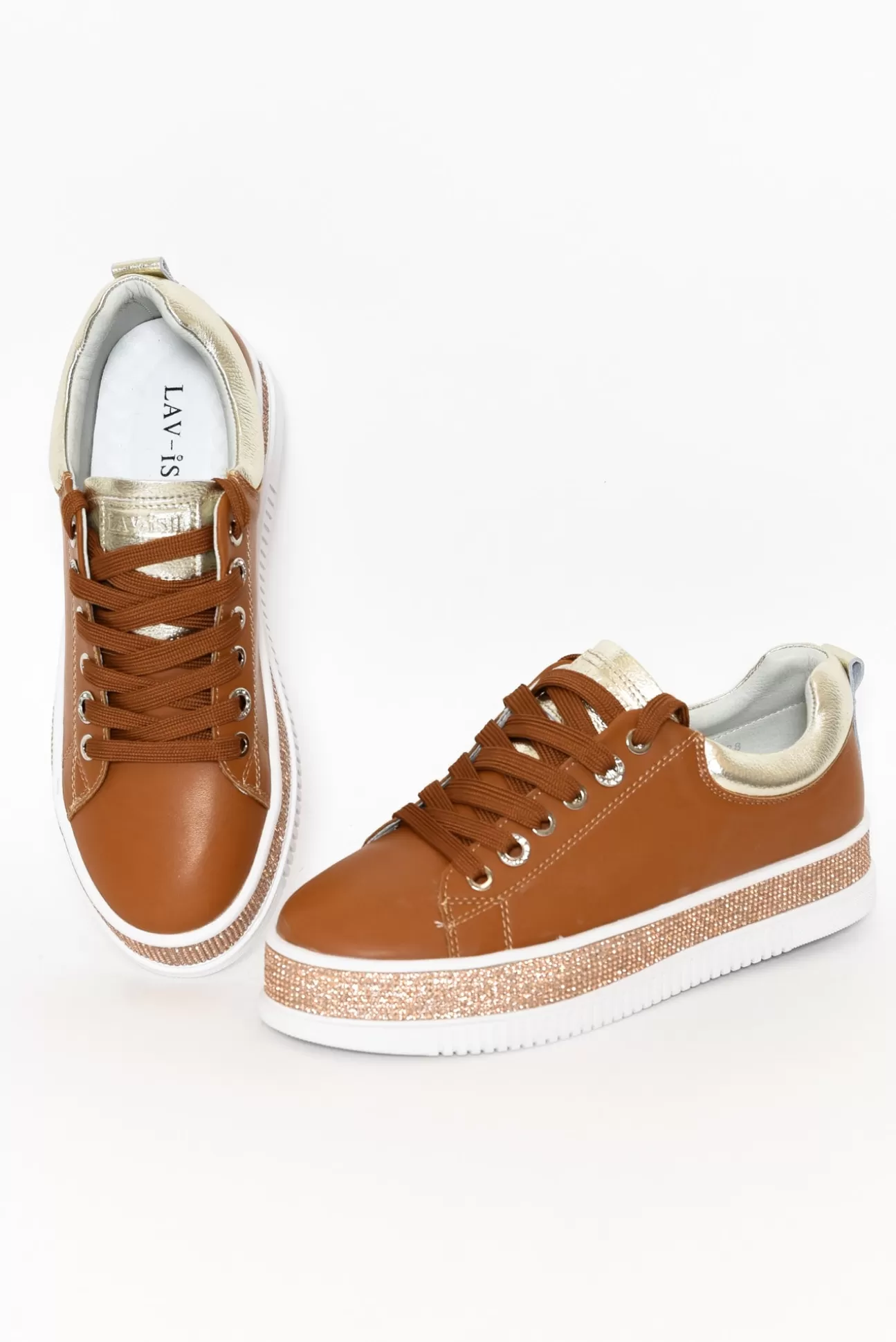 Lav-ish Lange Tan Leather Diamante Sneaker New