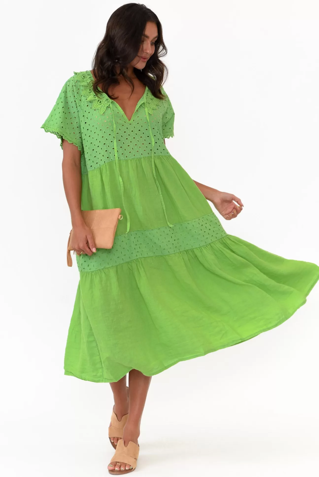 Donna Donna Larsa Green Linen Embroidered Collared Dress Cheap