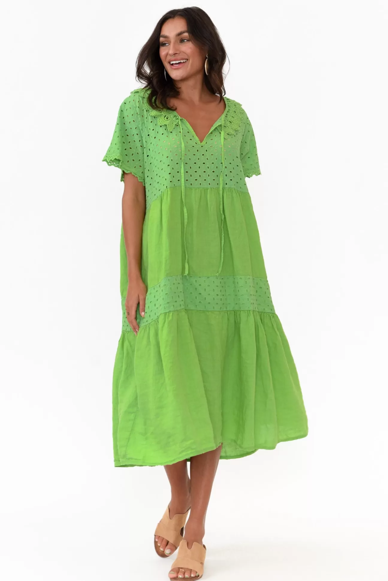 Donna Donna Larsa Green Linen Embroidered Collared Dress Cheap