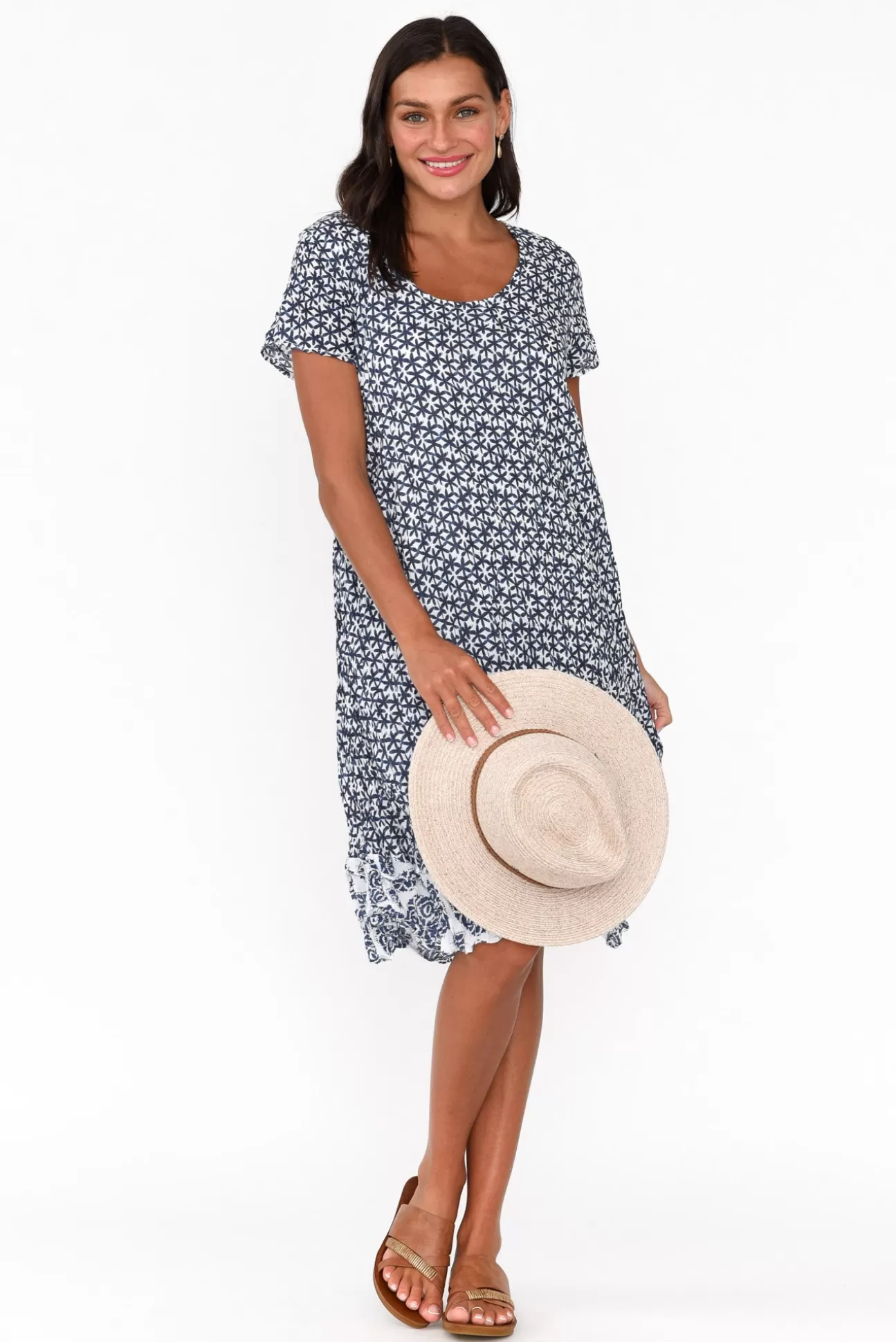 Namastai Lauren Navy Flower Crinkle Cotton Dress Online