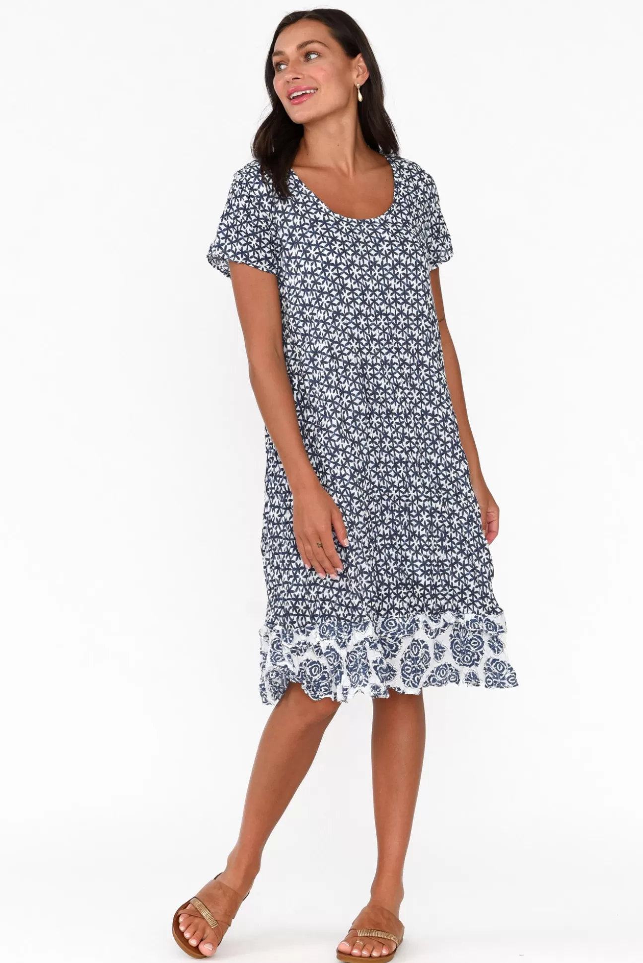 Namastai Lauren Navy Flower Crinkle Cotton Dress Online