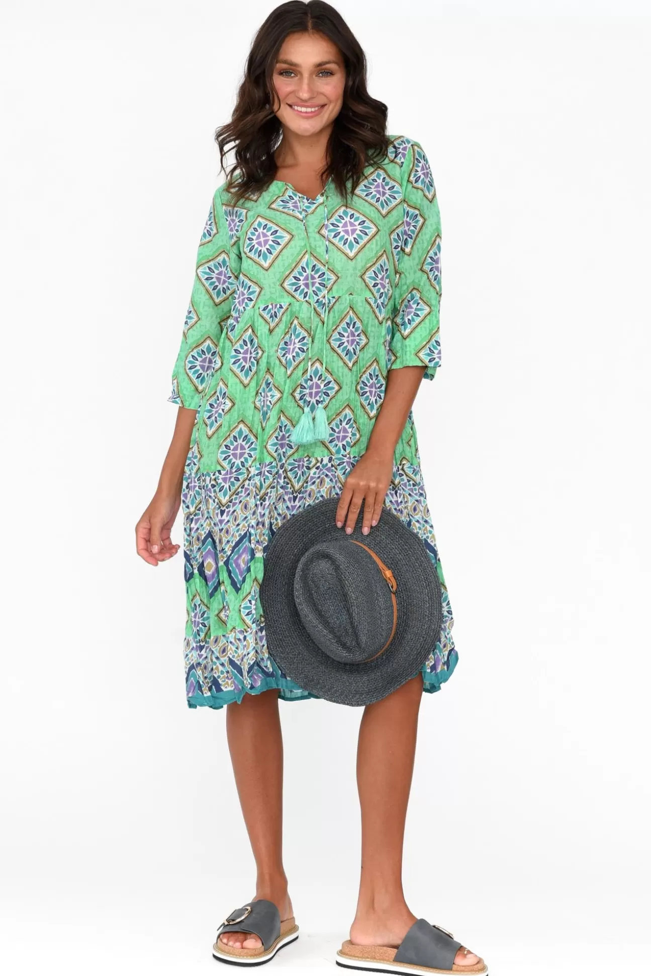 One Summer Layla Aqua Geo Crinkle Cotton Dress Discount