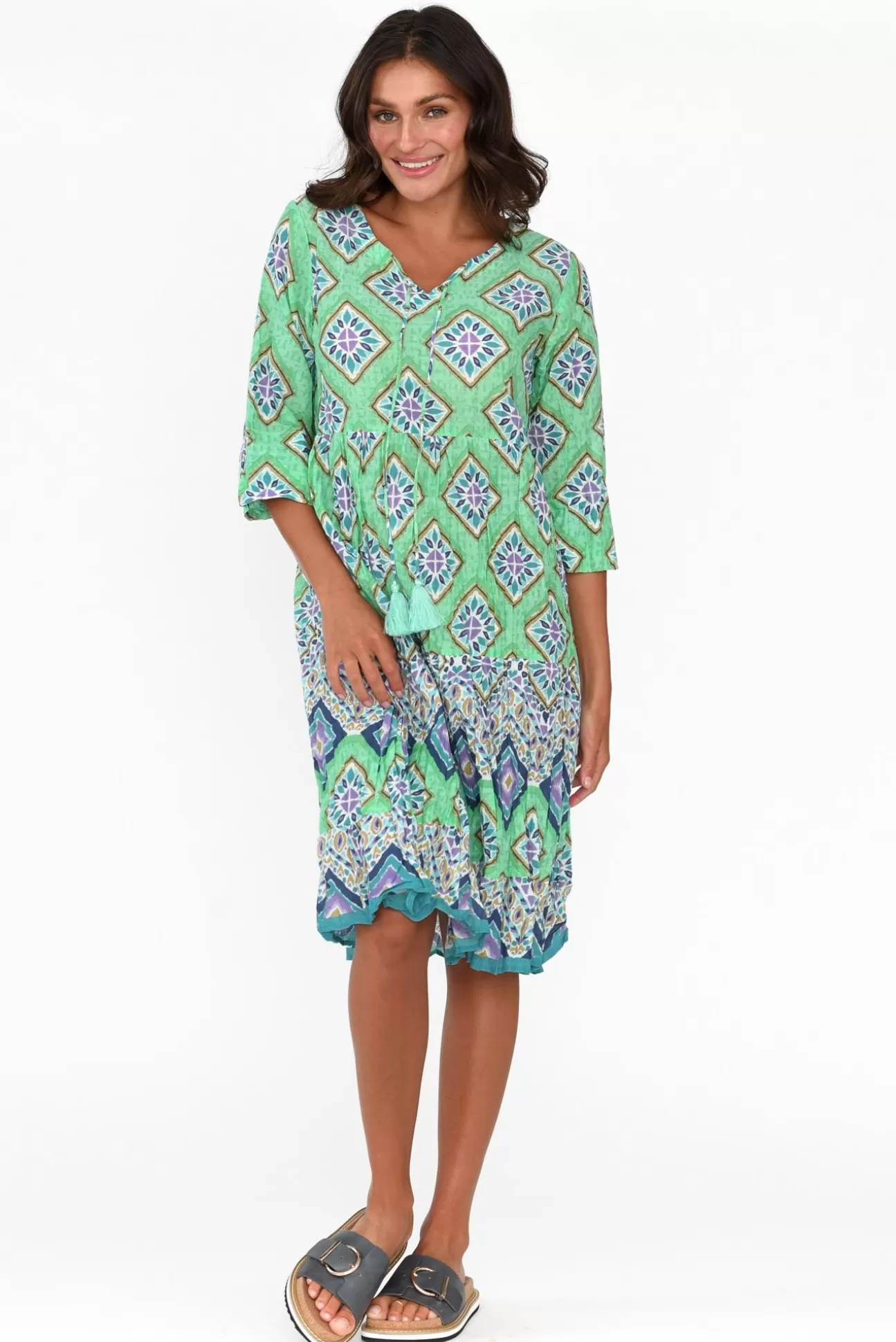 One Summer Layla Aqua Geo Crinkle Cotton Dress Discount