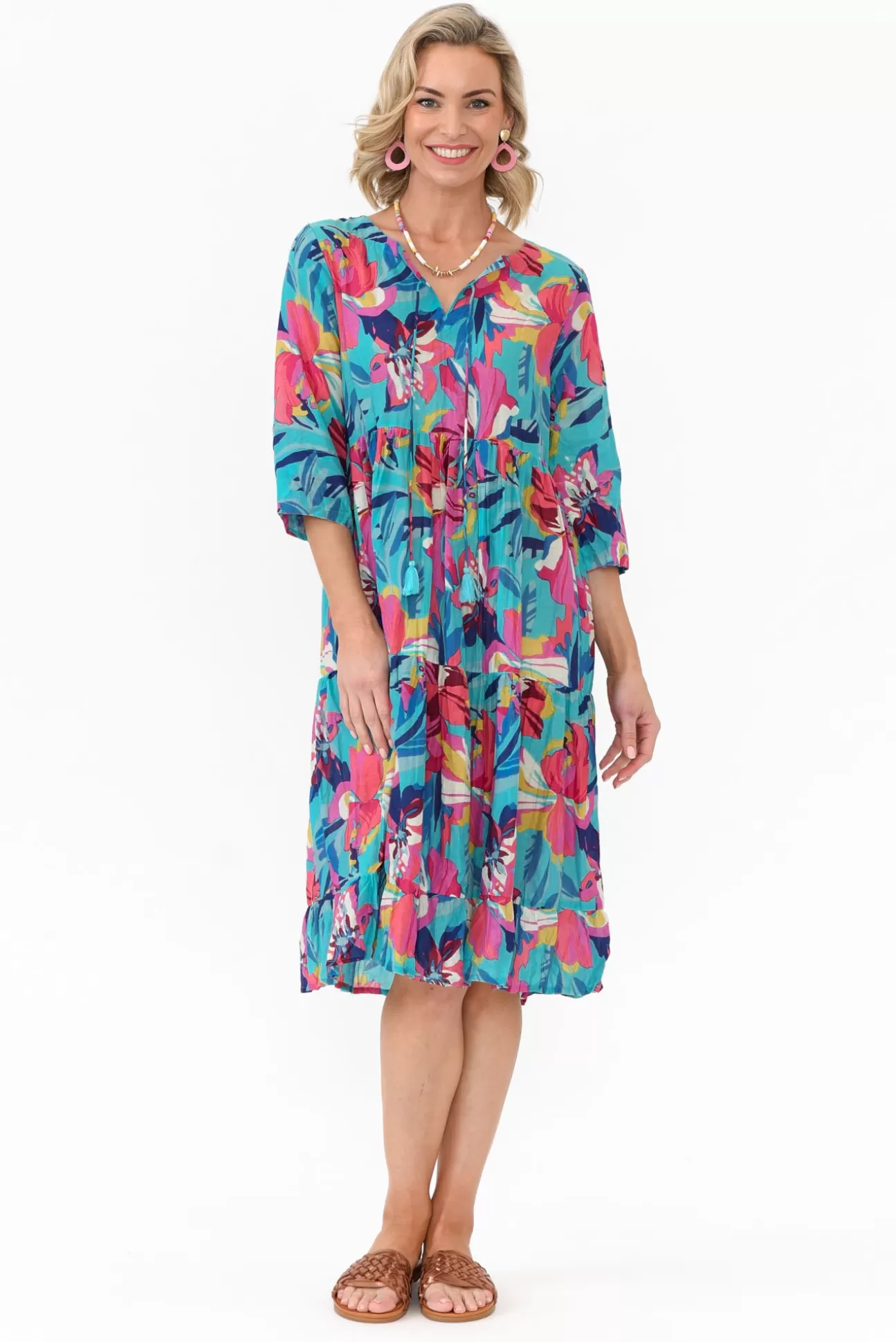 One Summer Layla Blue Bloom Crinkle Cotton Dress Hot