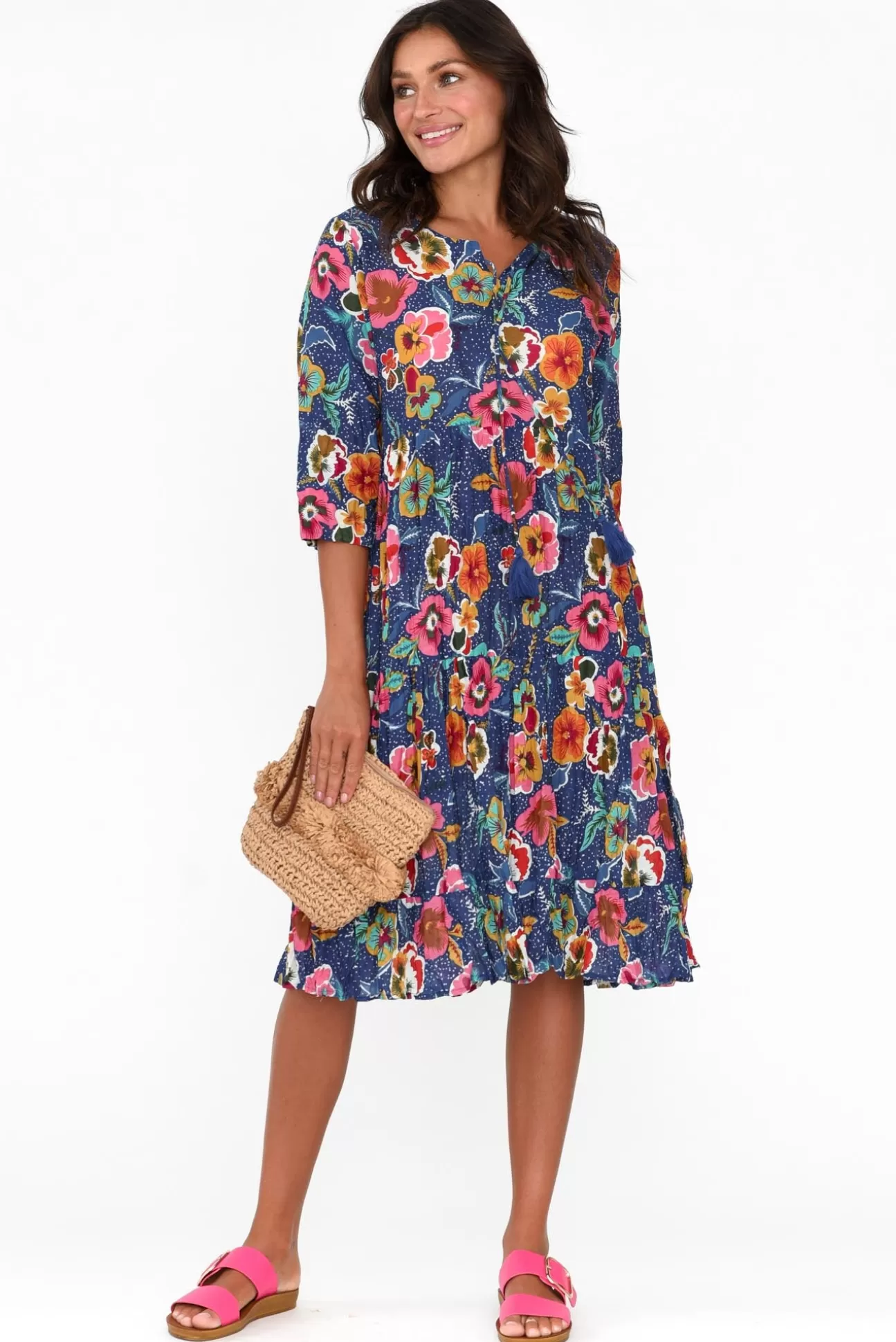 One Summer Layla Navy Blossom Crinkle Cotton Dress Hot