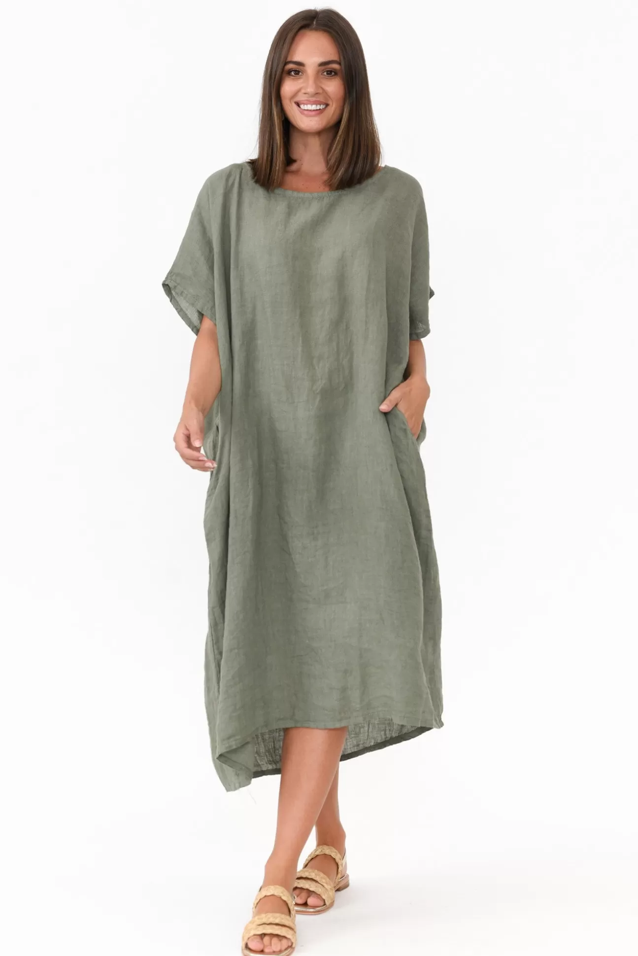 Donna Donna Leslie Khaki Linen Midi Dress Hot