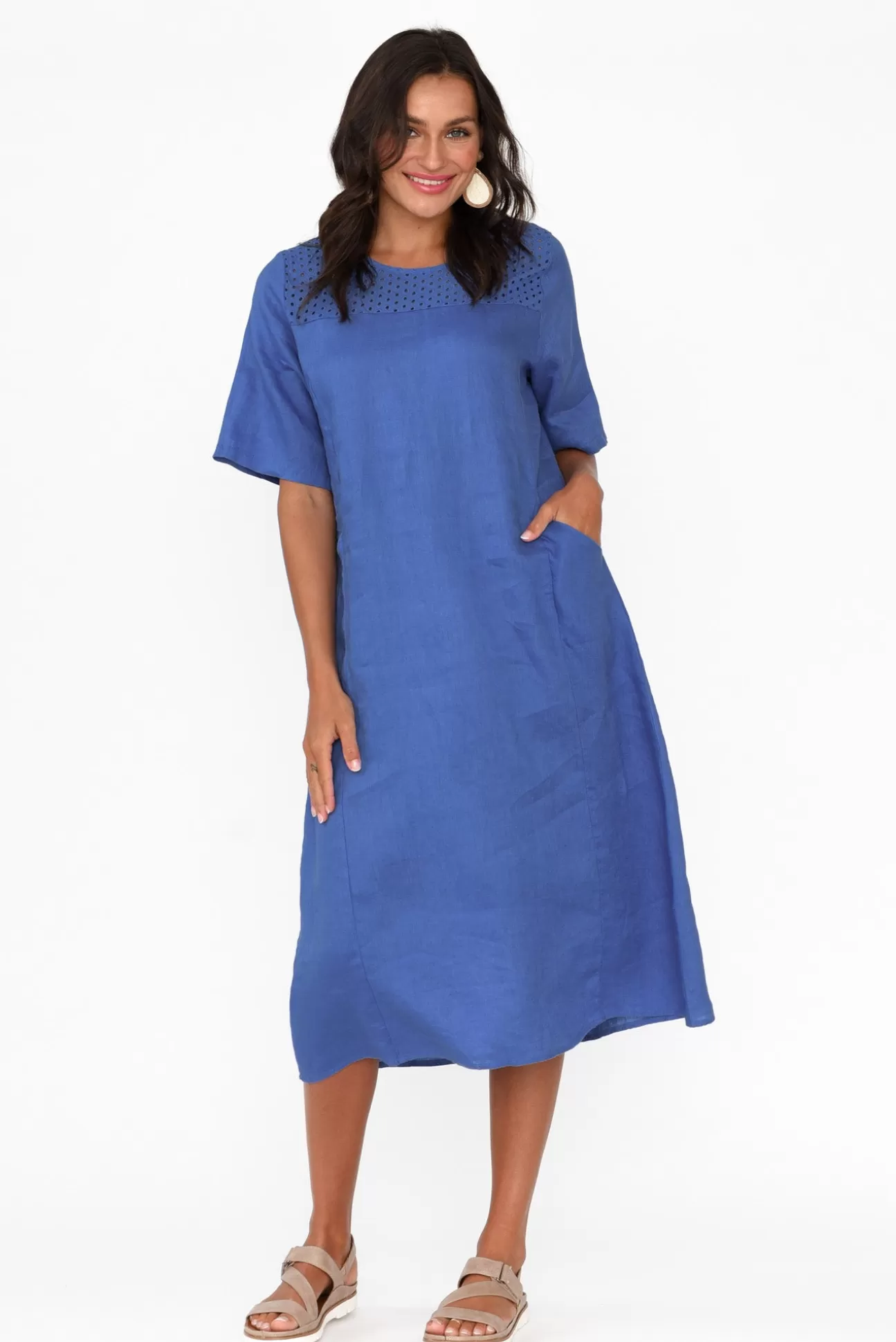 Cali and Co Lettice Cobalt Broderie Linen Dress Best Sale