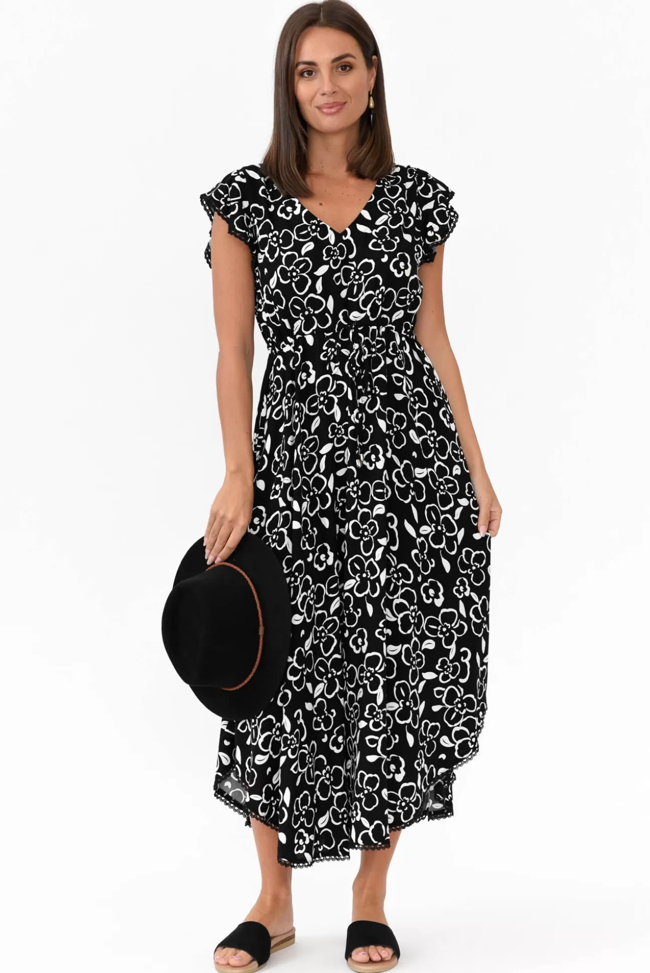 New U Collection Libby Black Flower Midi Dress Discount