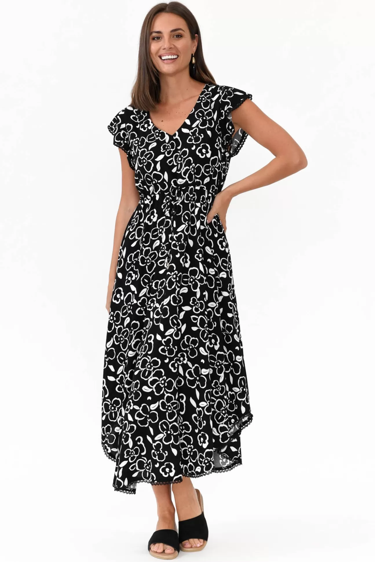 New U Collection Libby Black Flower Midi Dress Discount