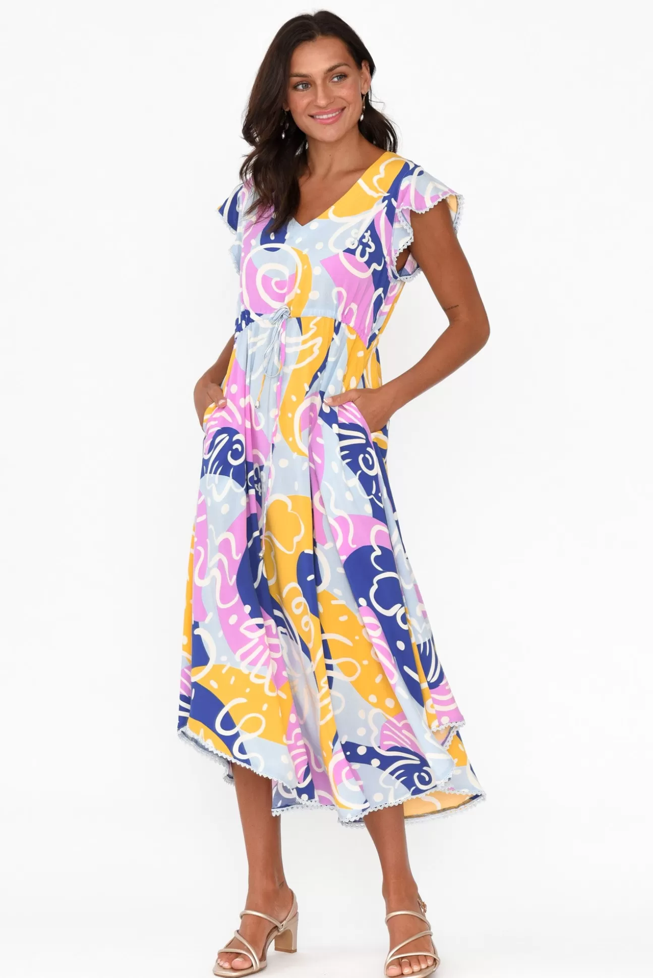 New U Collection Libby Blue Abstract Midi Dress Shop