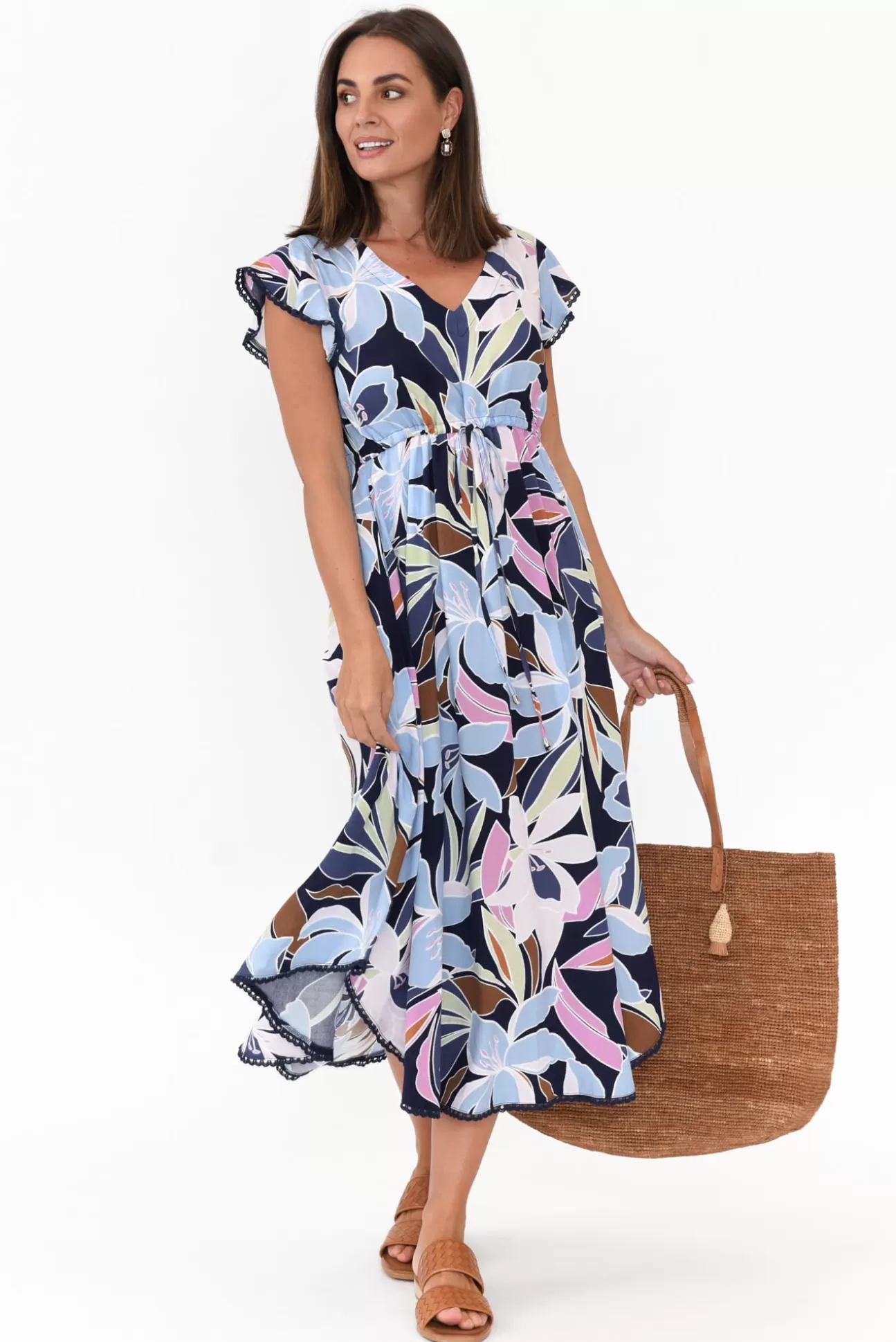 New U Collection Libby Navy Blossom Midi Dress Hot