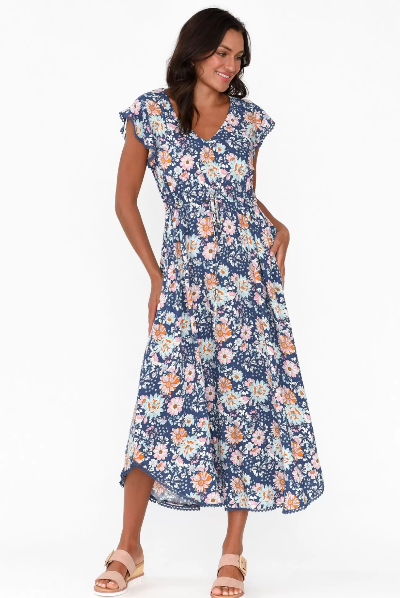 New U Collection Libby Navy Bouquet Midi Dress Outlet