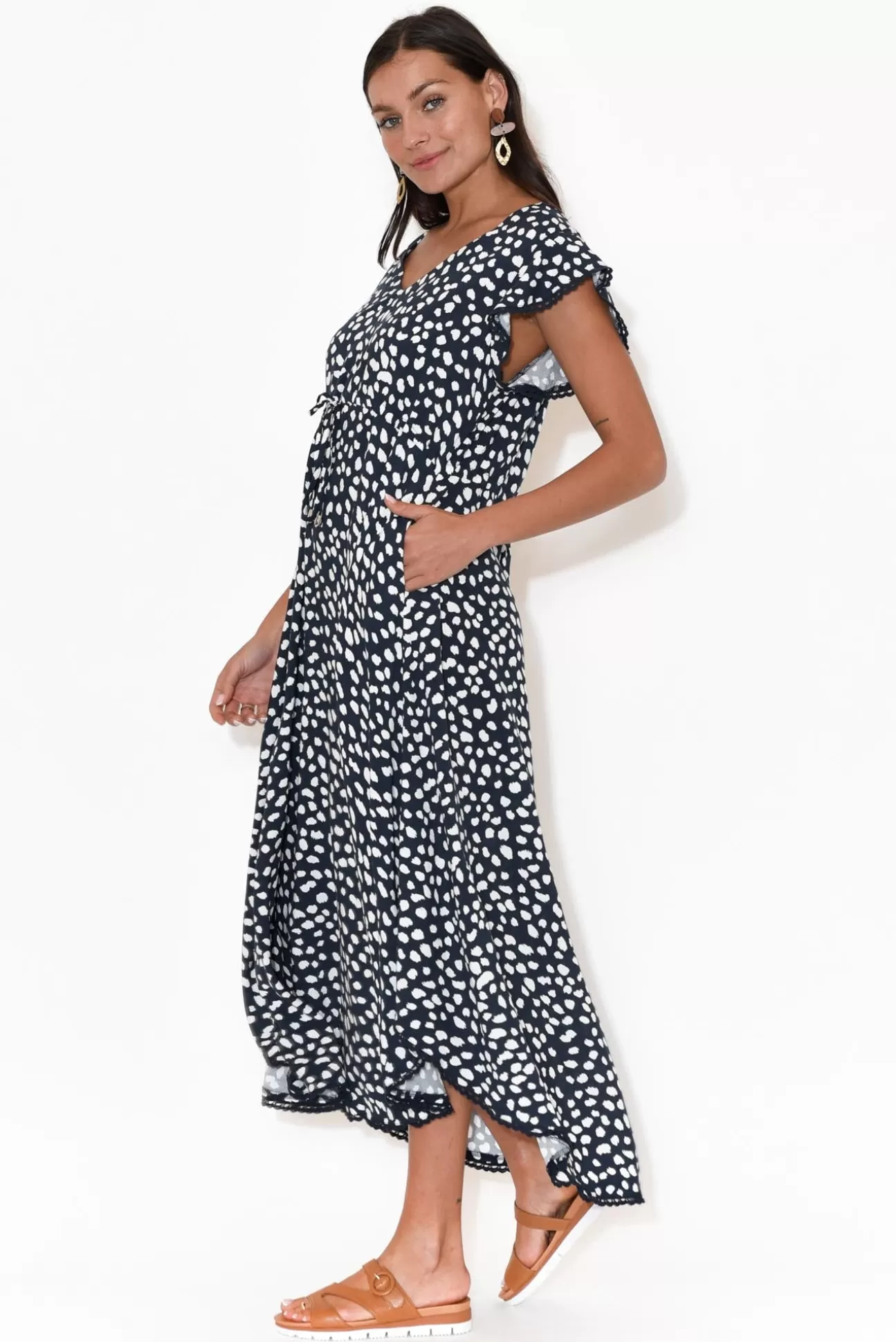 New U Collection Libby Navy Spot Midi Dress Best Sale