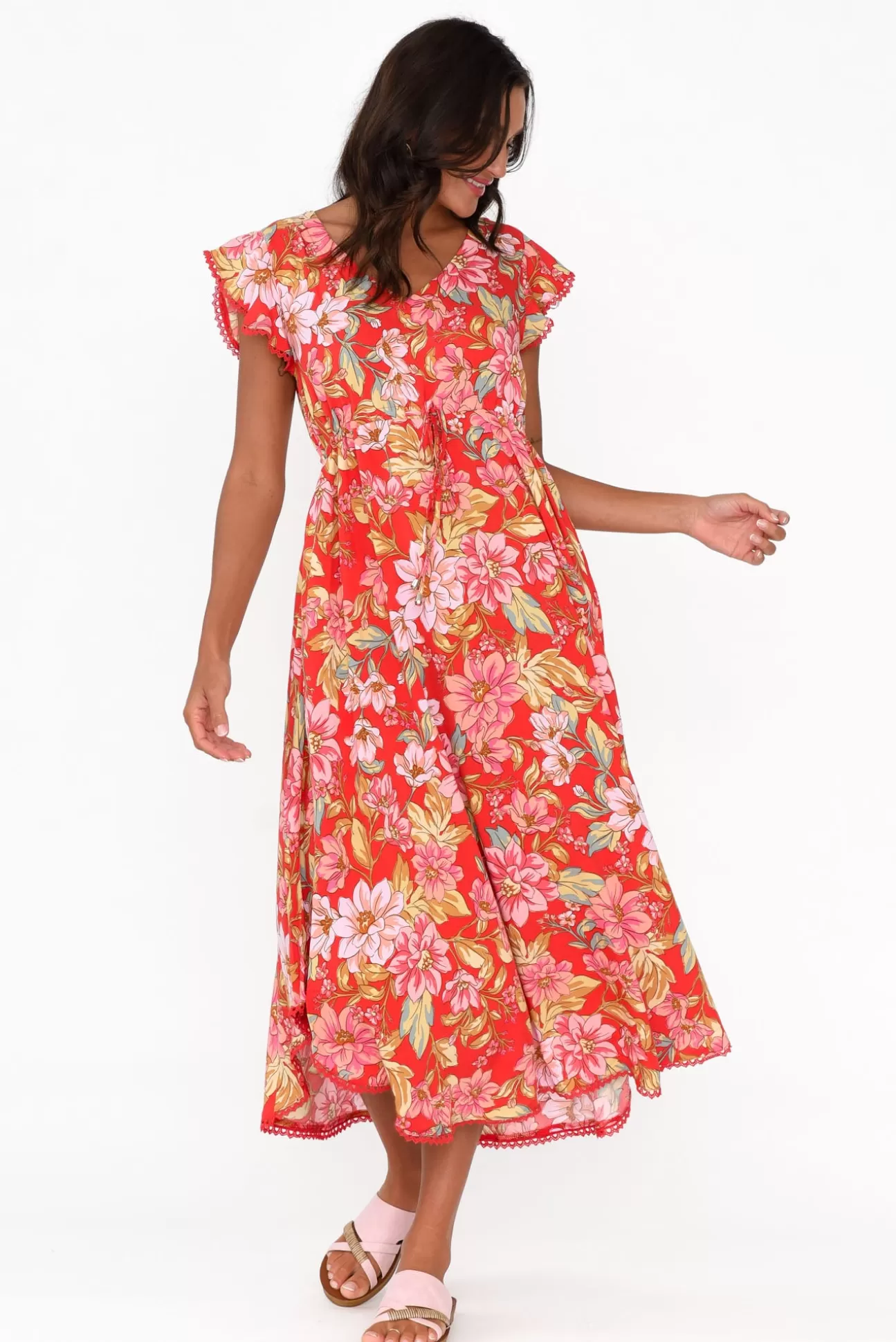 New U Collection Libby Red Bloom Midi Dress Flash Sale