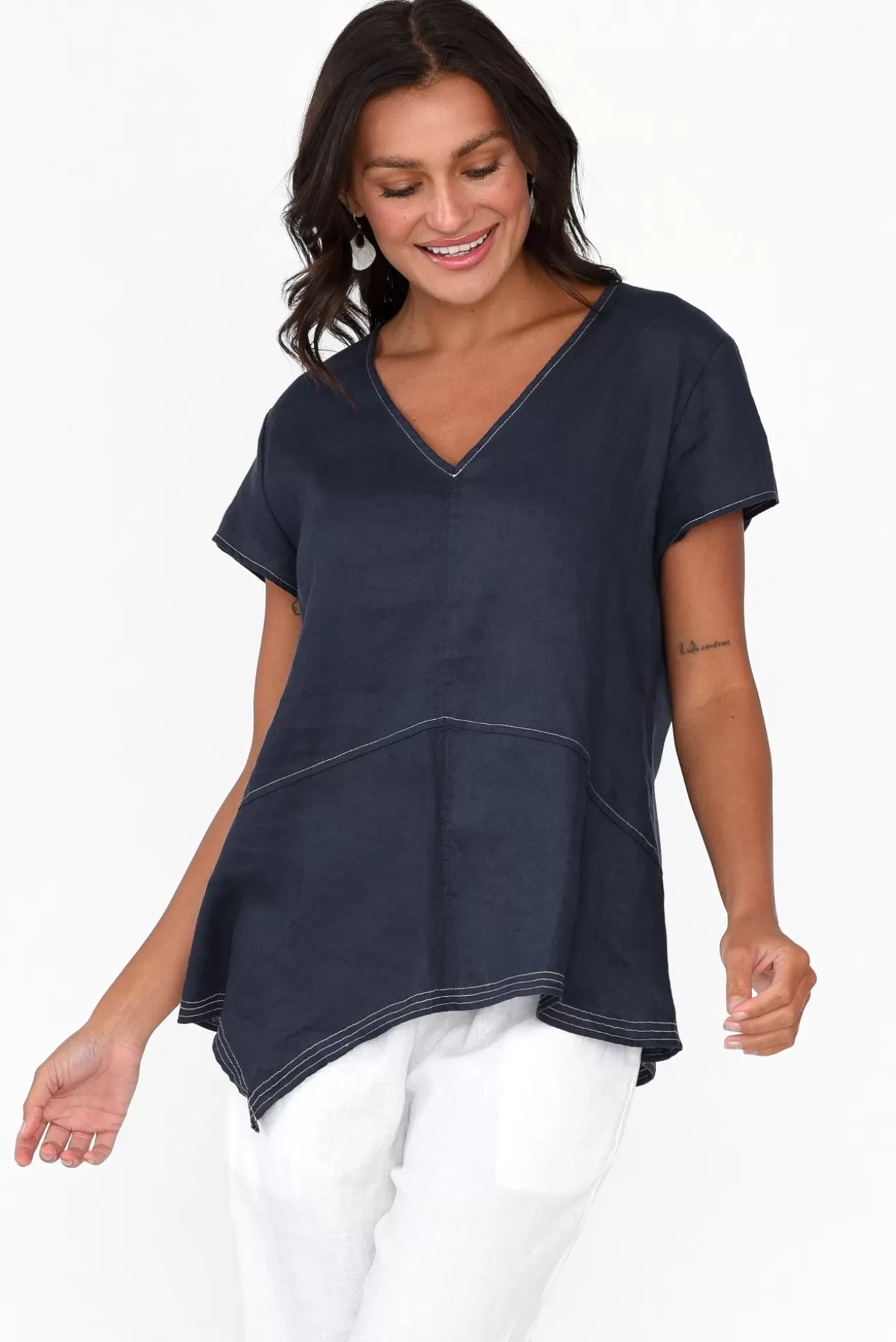 Cali and Co Lindy Navy Linen V Neck Top Shop