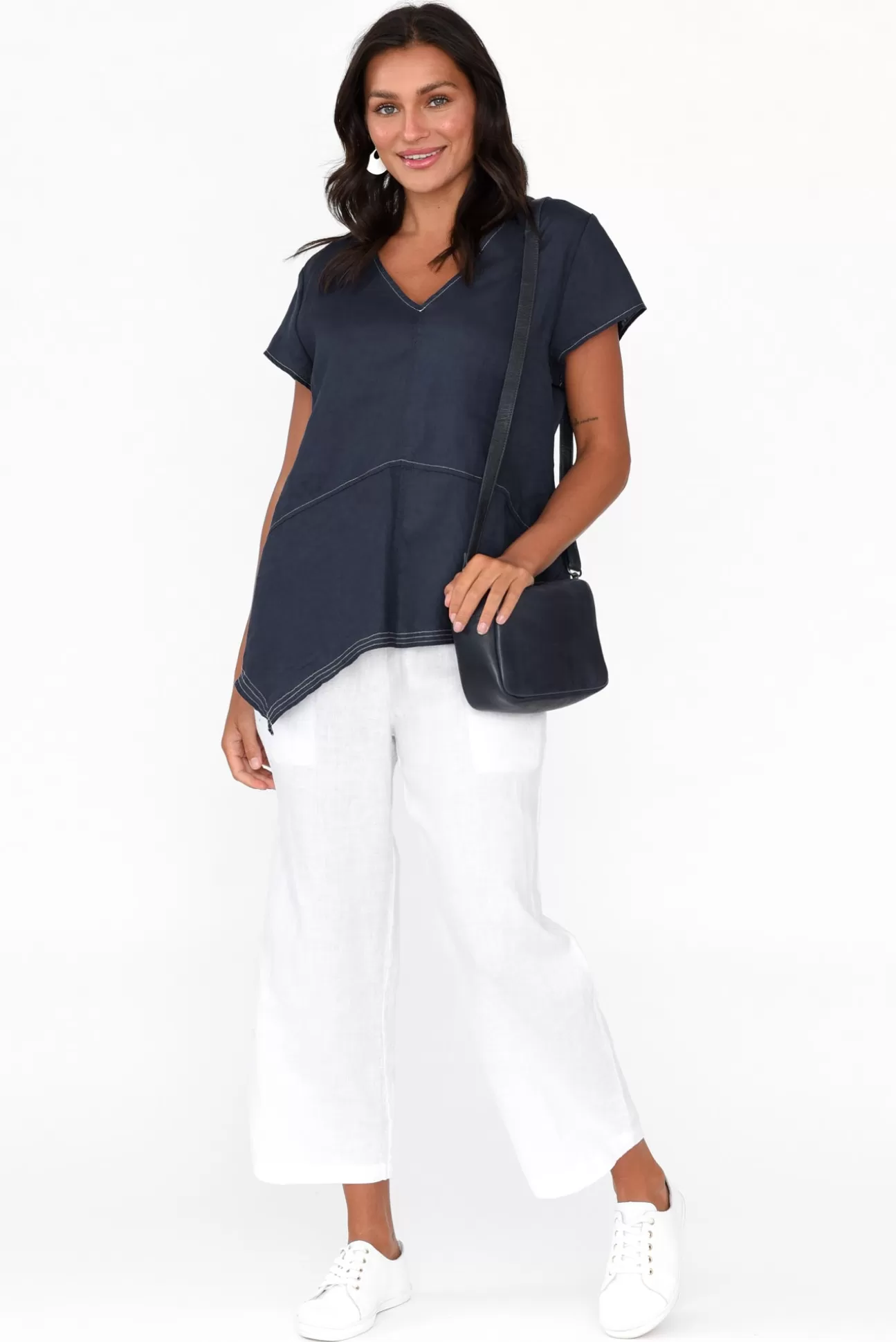 Cali and Co Lindy Navy Linen V Neck Top Shop