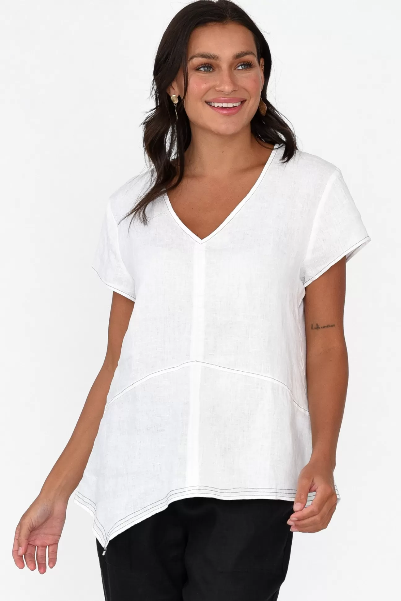 Cali and Co Lindy White Linen V Neck Top Store