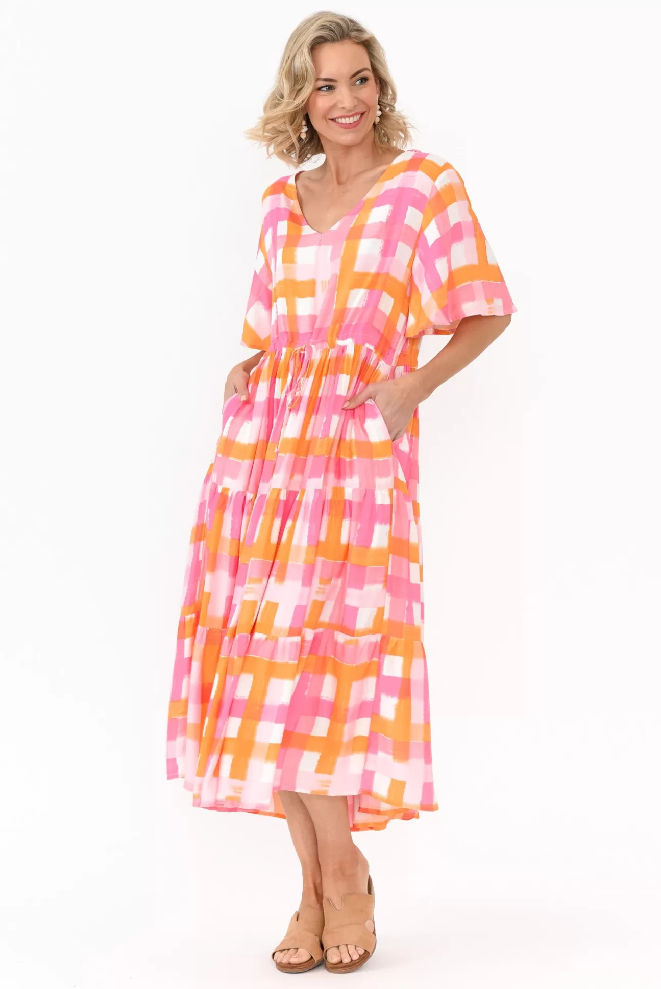 PQ Lisha Pink Check Tiered Dress Best Sale