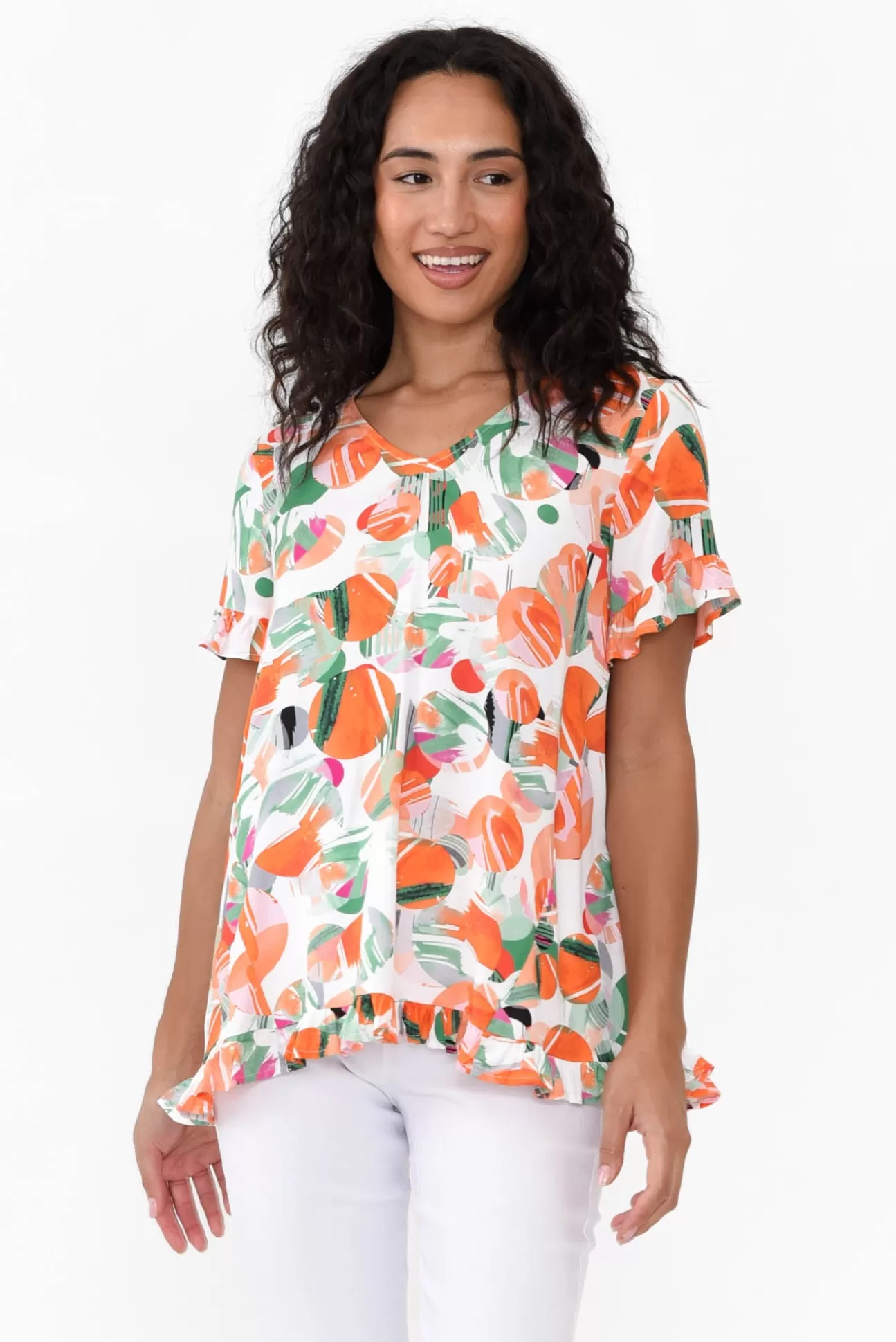 Willow Tree Logan Orange Spot Ruffle Top Flash Sale