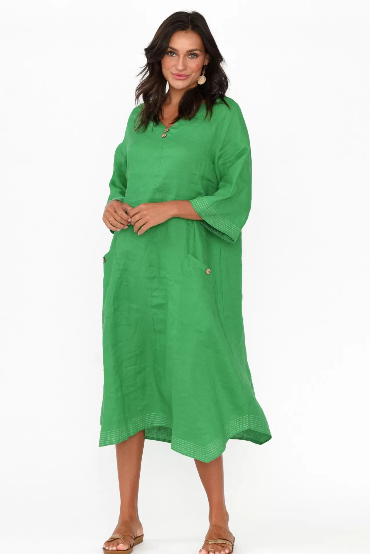 Cali and Co Lolita Green Linen Pocket Dress Cheap