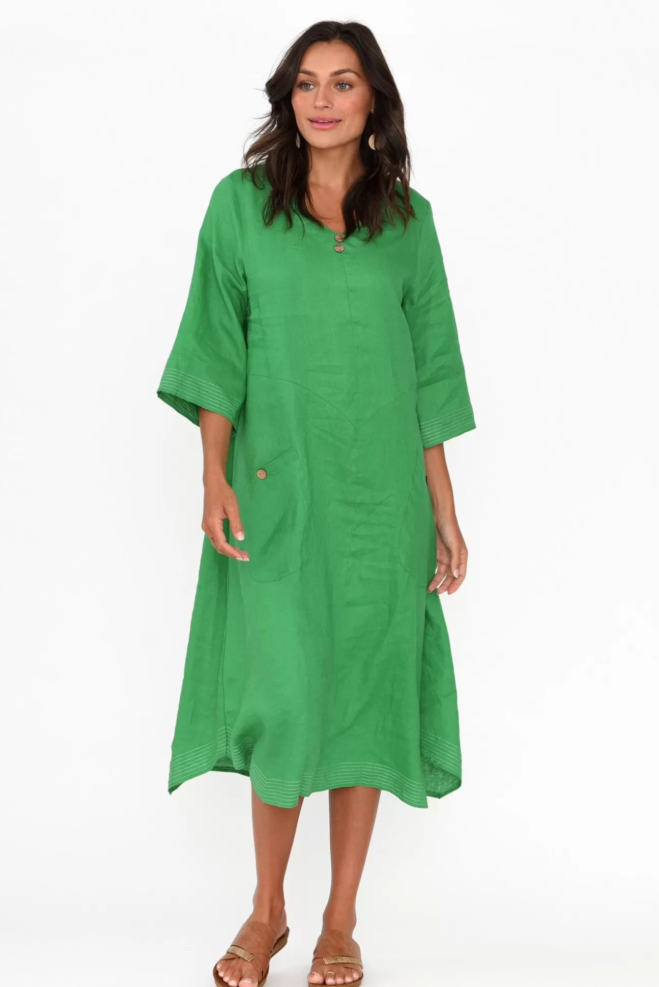 Cali and Co Lolita Green Linen Pocket Dress Cheap