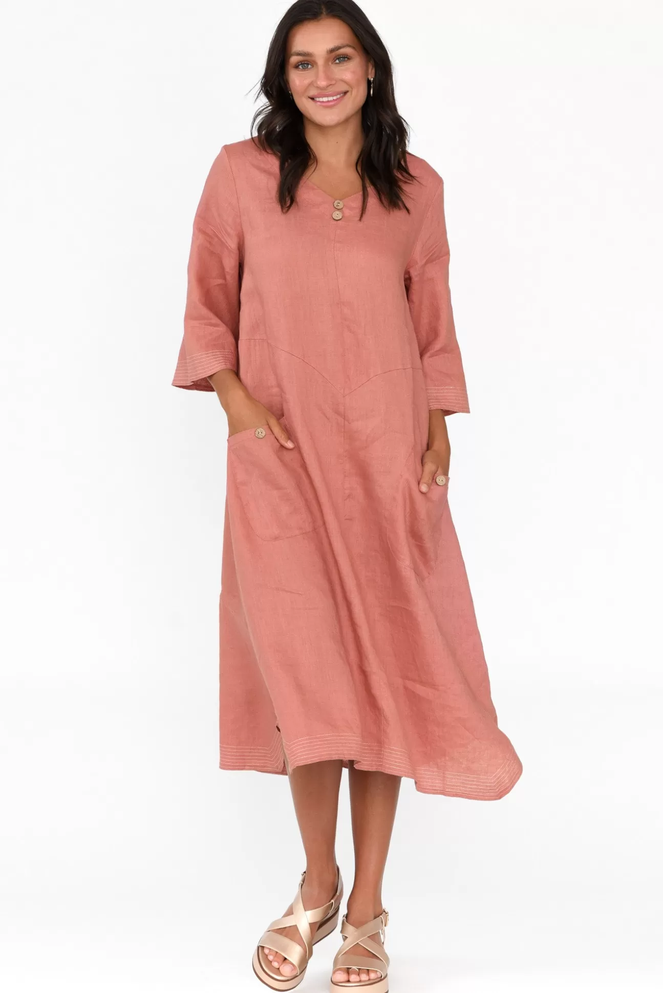 Cali and Co Lolita Rust Linen Pocket Dress Best Sale