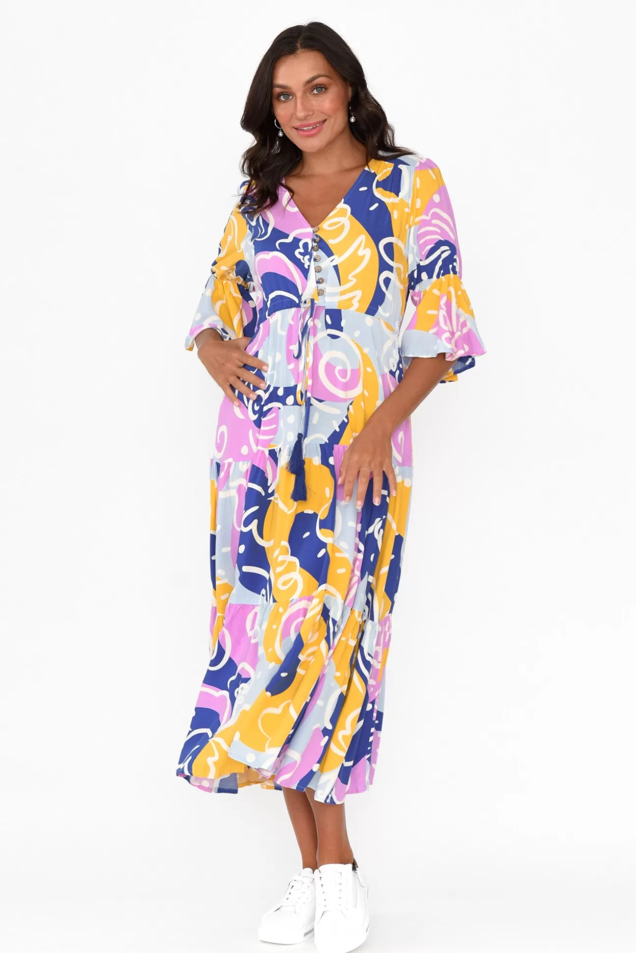 New U Collection Lona Blue Abstract Tier Dress Cheap