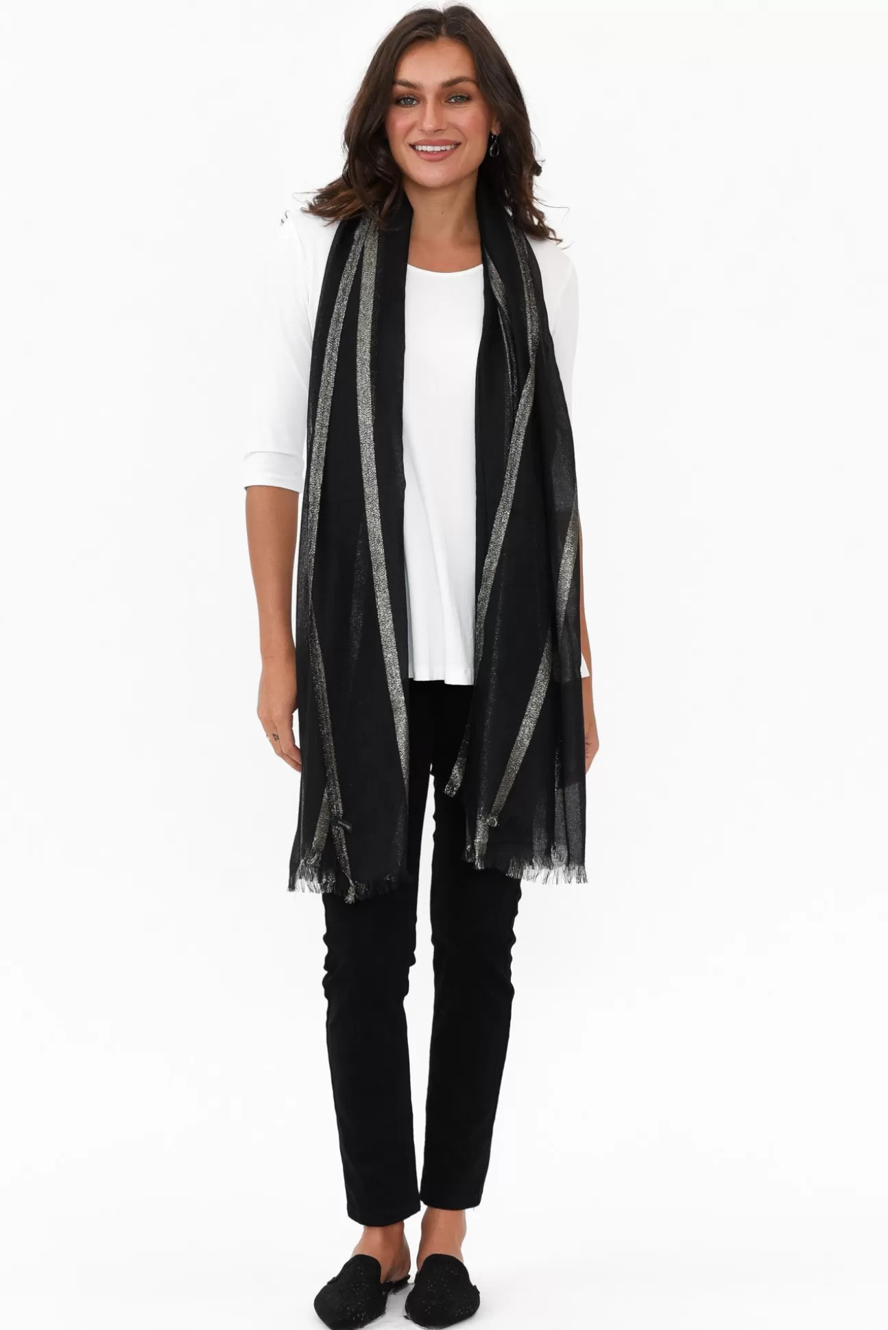 Lemon Tree Lydia Black Stripe Metallic Scarf Hot