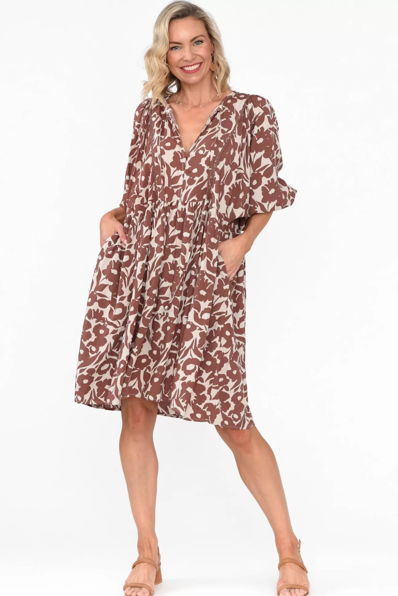 New U Collection Lyric Brown Floral Pocket Dress Best