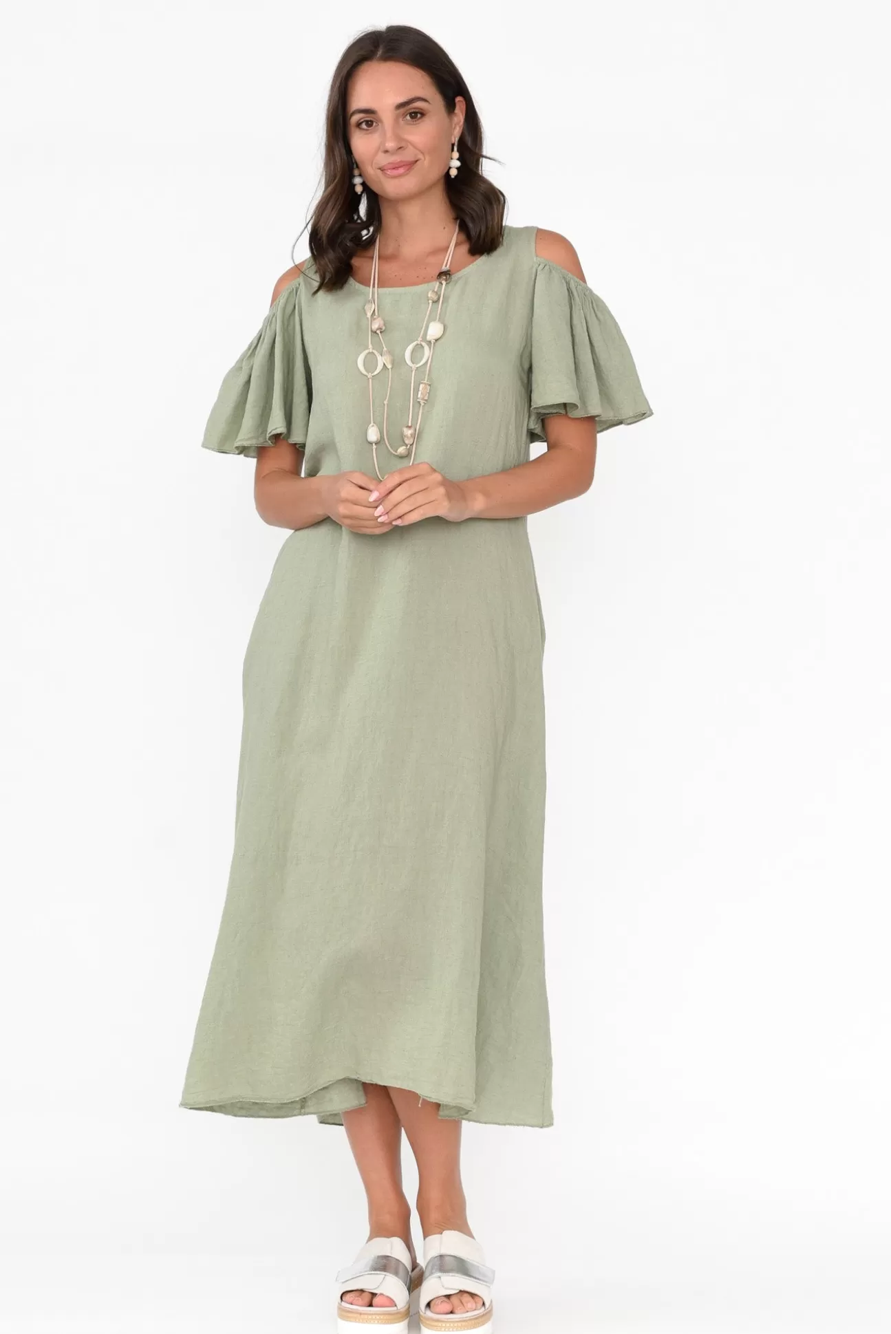 La Strada Mabrie Khaki Linen Cold Shoulder Dress Best Sale