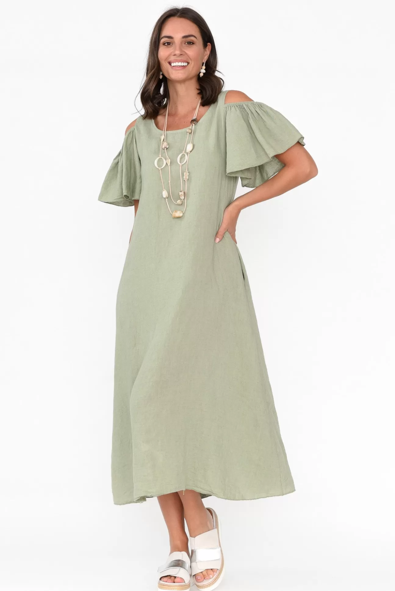 La Strada Mabrie Khaki Linen Cold Shoulder Dress Best Sale