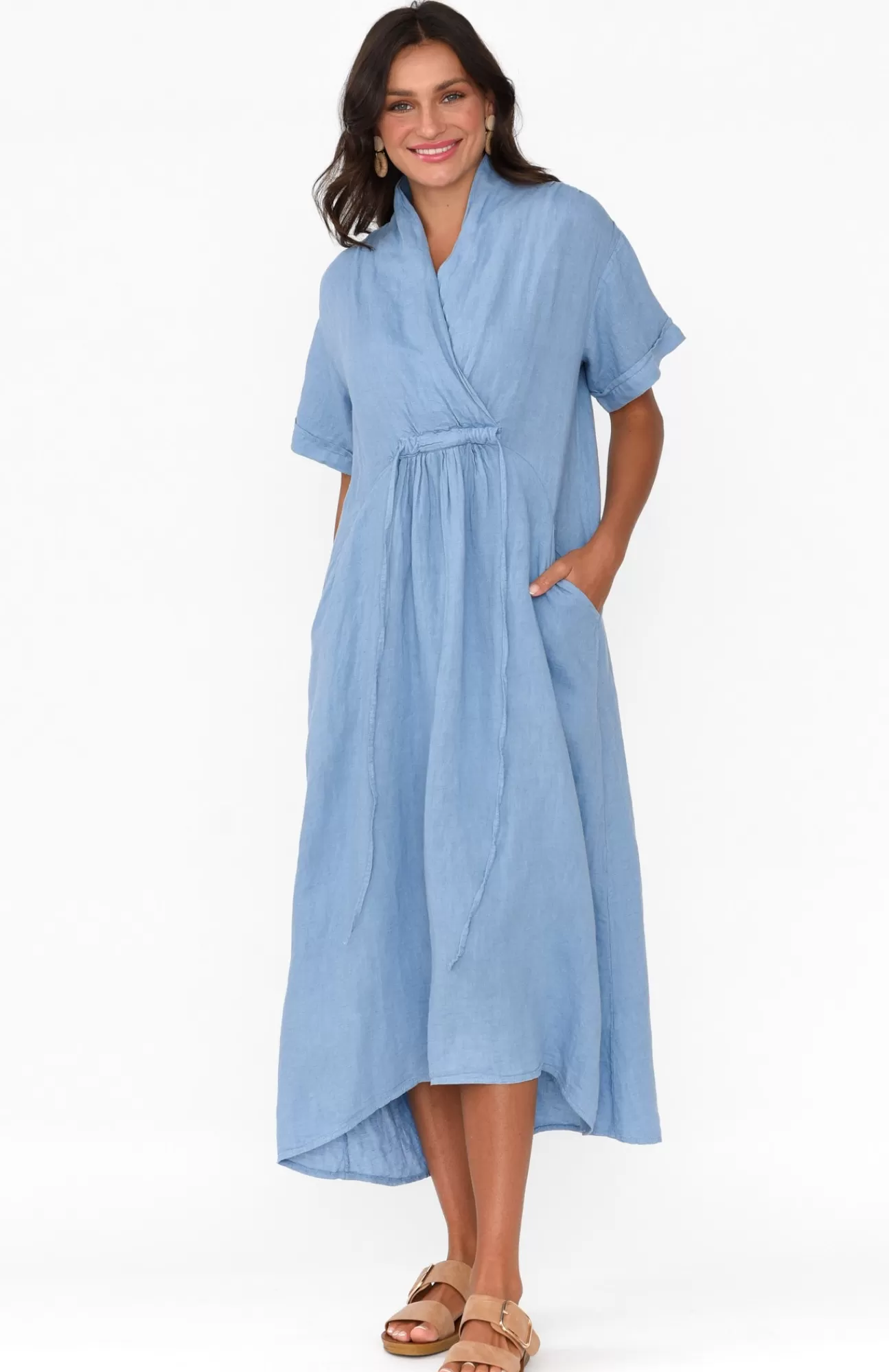 La Strada Madge Blue Linen Pocket Dress Online